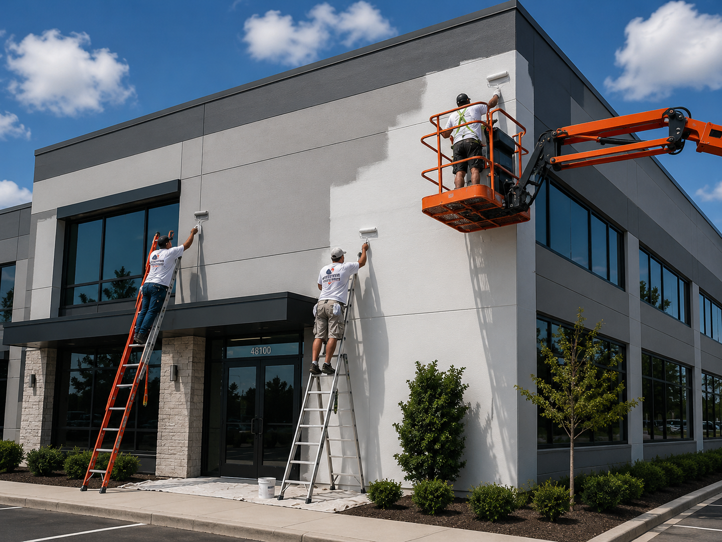 Three workers painting the exterior wall of a commercial building with two using ladders and one using a cherry picker, under a partly cloudy sky.
