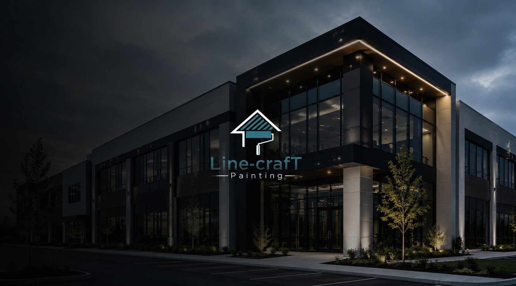 Modern office building at dusk with exterior lighting and trees in front, logo for Line-craft Painting overlayed.