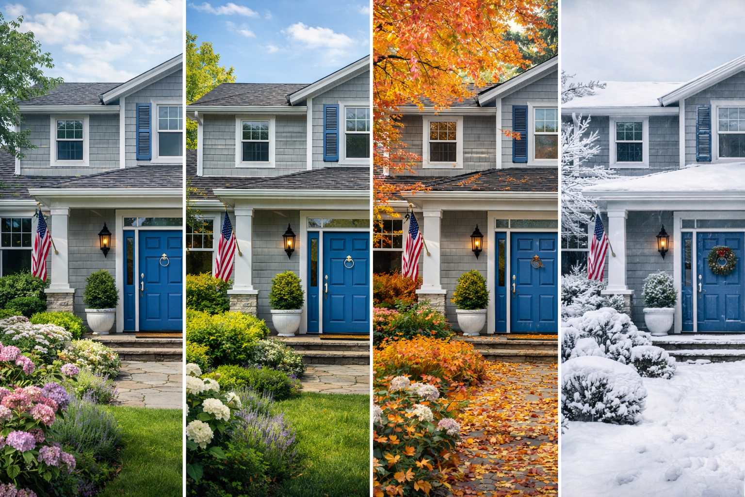 Comparison of the same house during four different seasons, showing spring, summer, fall, and winter.