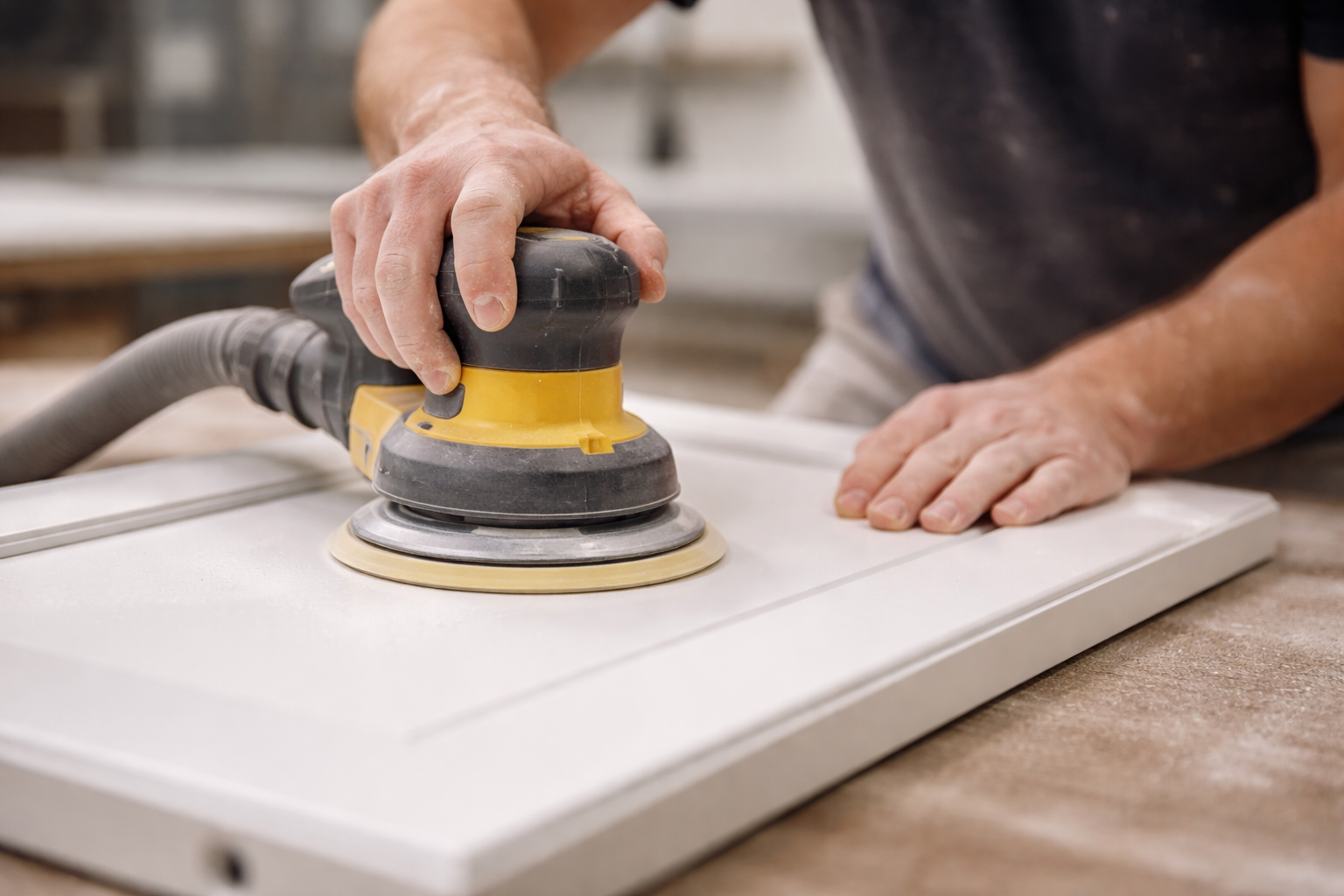 Person sanding a white wooden board with a yellow and black power sander, focusing on their hand and the sander in use.
