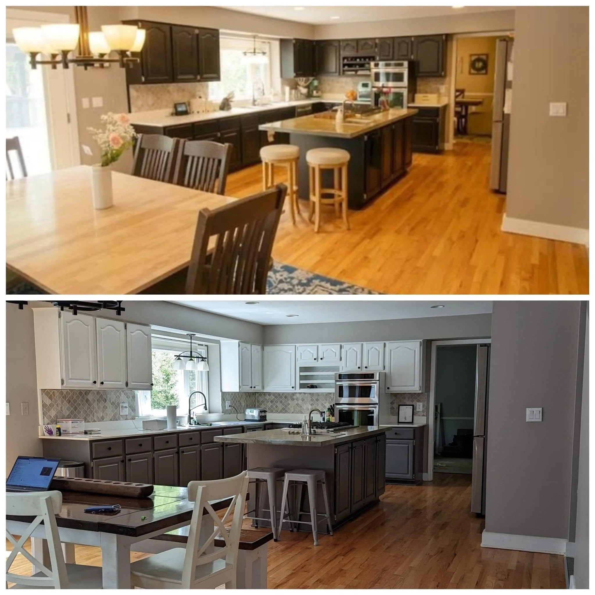 Comparison of two kitchen interiors, top kitchen with dark cabinets and wooden floors, bottom kitchen with white and gray cabinets and wooden floors.