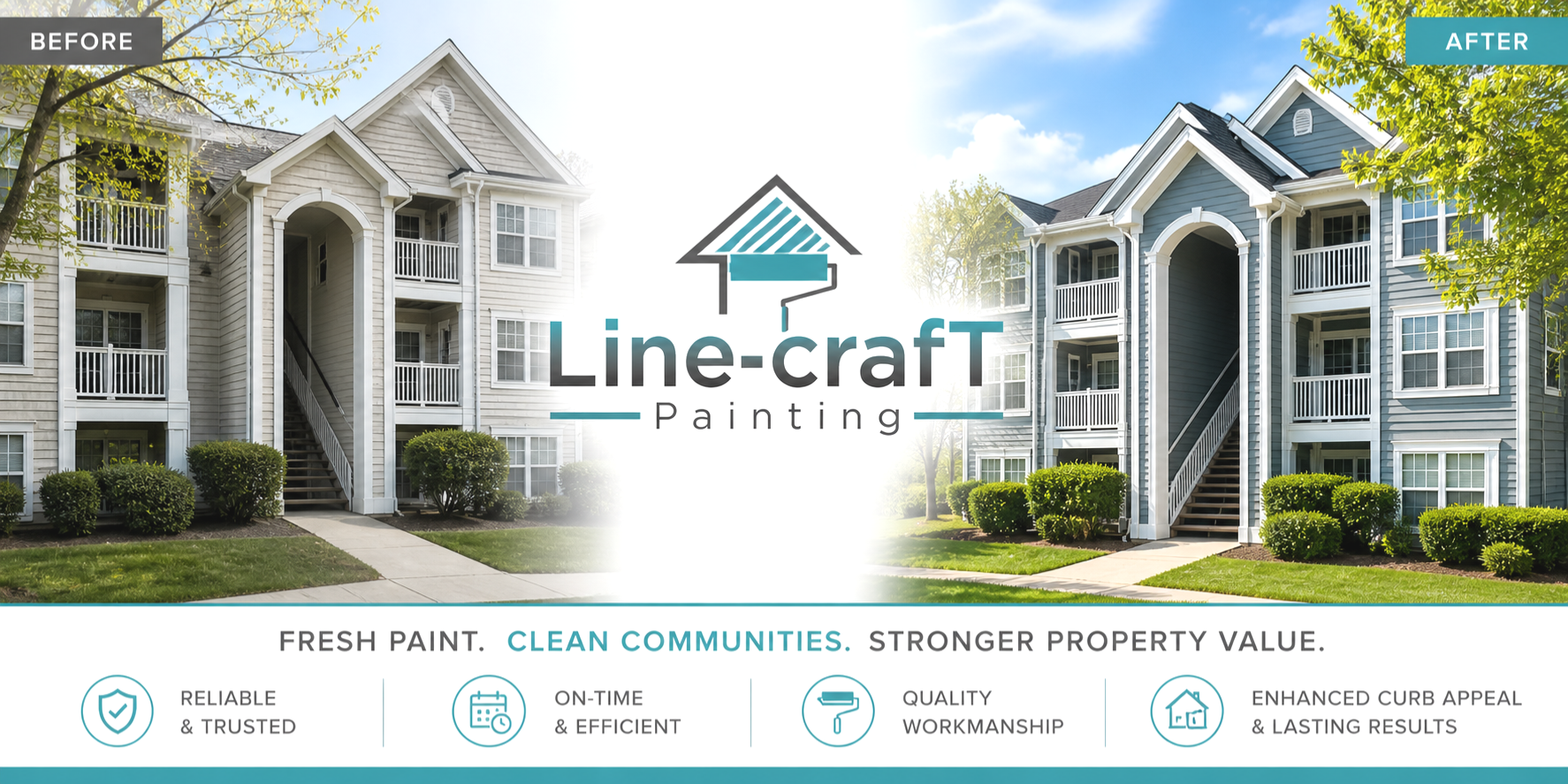 Side-by-side comparison of a finished apartment building with fresh paint and clean siding on the right, and a building with faded, dirty siding on the left. The image promotes Line-craft Painting's exterior painting services, emphasizing the transformation from unkempt to well-maintained buildings.