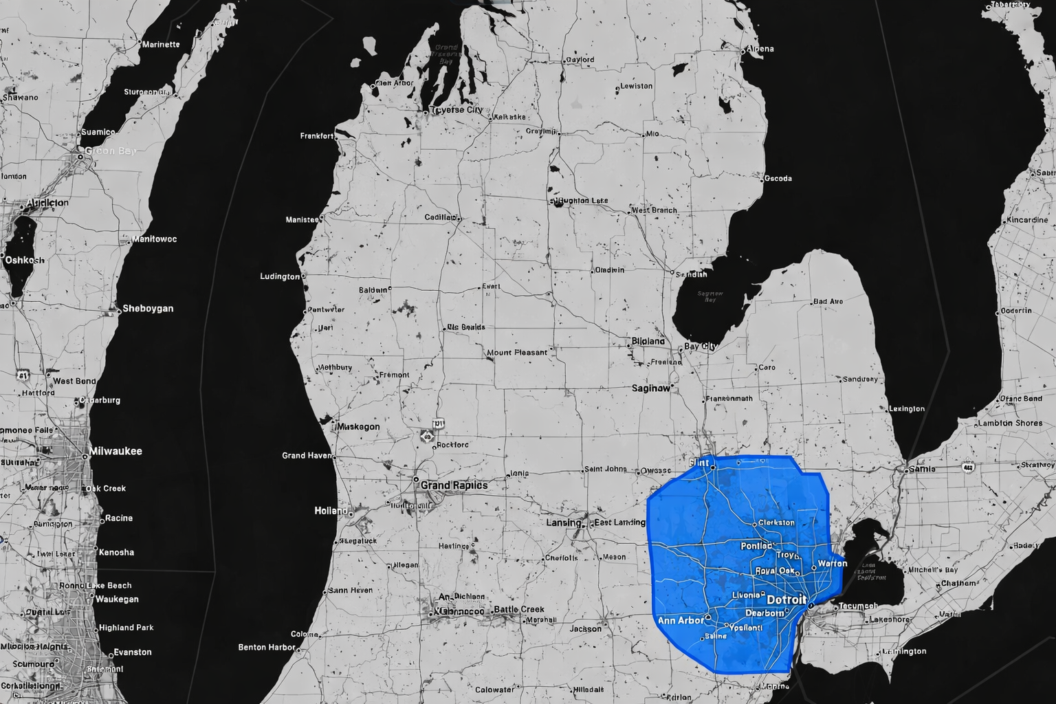 Map of Michigan with a blue shape covering parts of the southeastern area, including Detroit and other nearby cities.