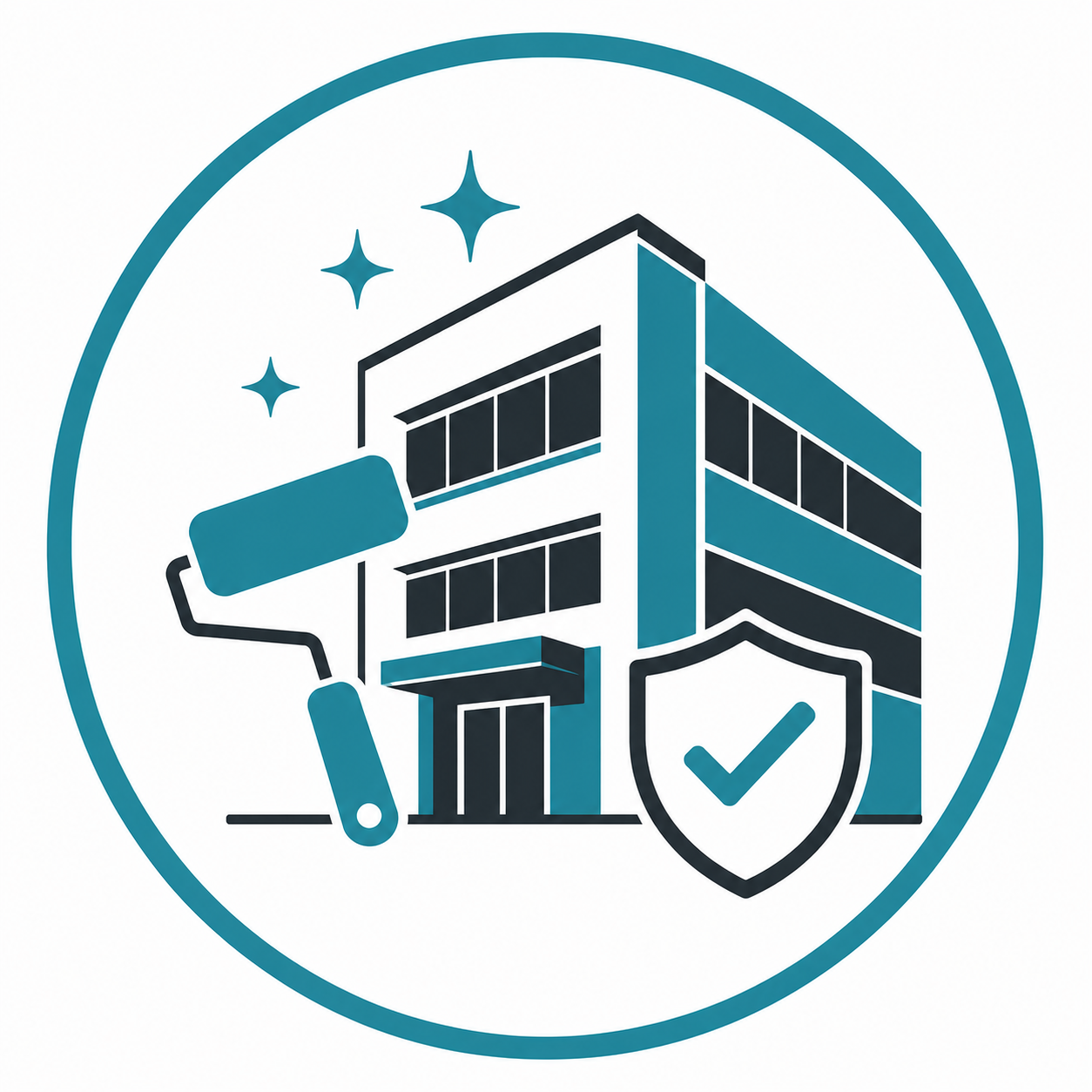 An icon of a building under renovation with a paint roller, sparkles, and a shield with a checkmark, symbolizing building safety and quality assurance.