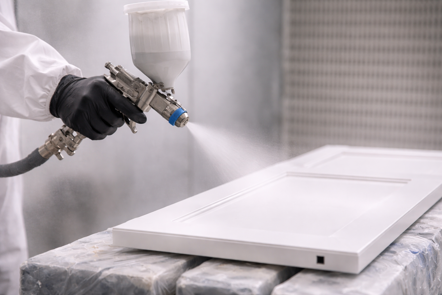 Person wearing black gloves and white protective suit using a spray gun to paint a white cabinet door in a workshop.