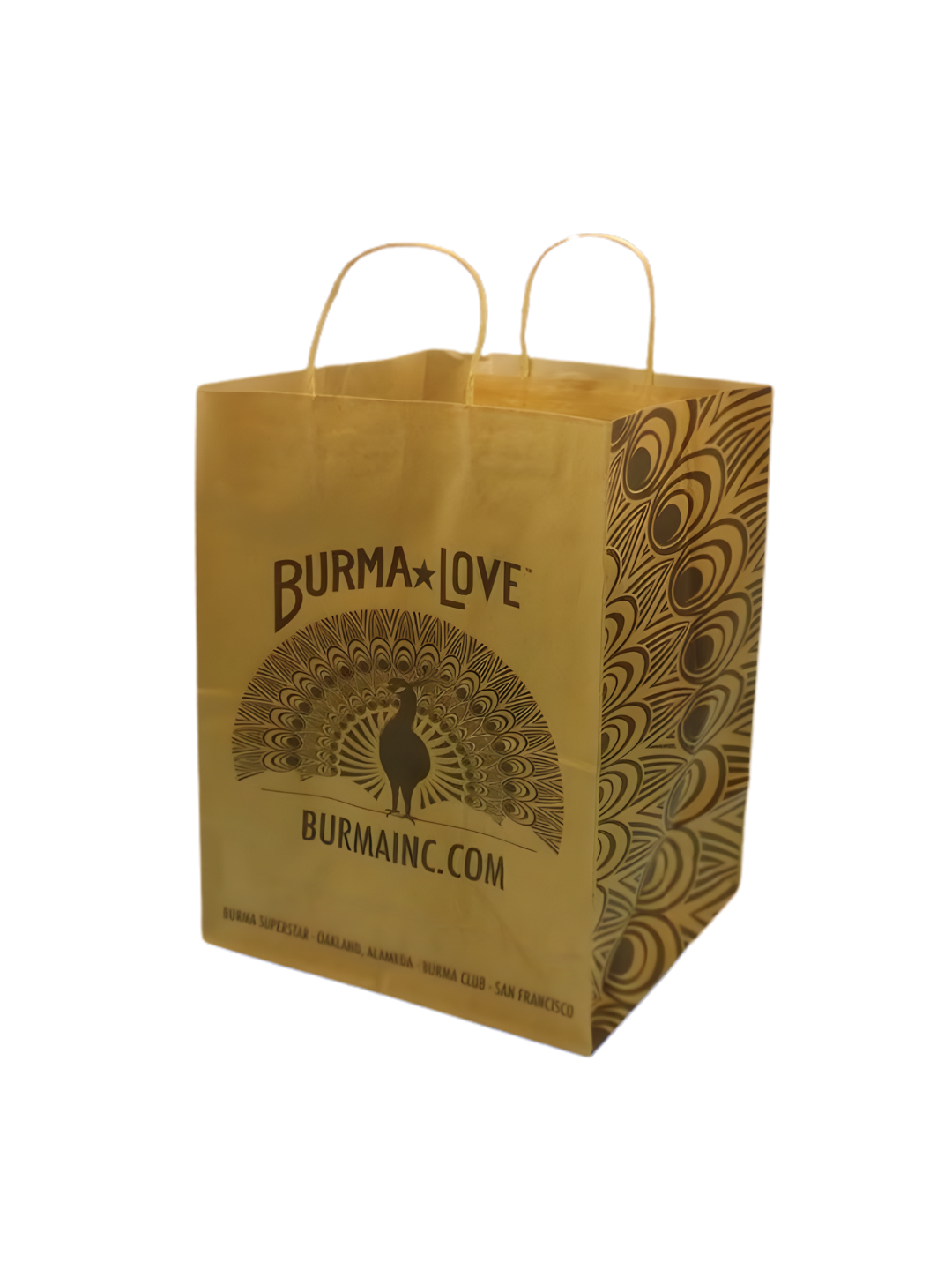 Yellow shopping bag with peacock design and 'Burma Love' text, containing products from burma and featuring website burmaic.com.