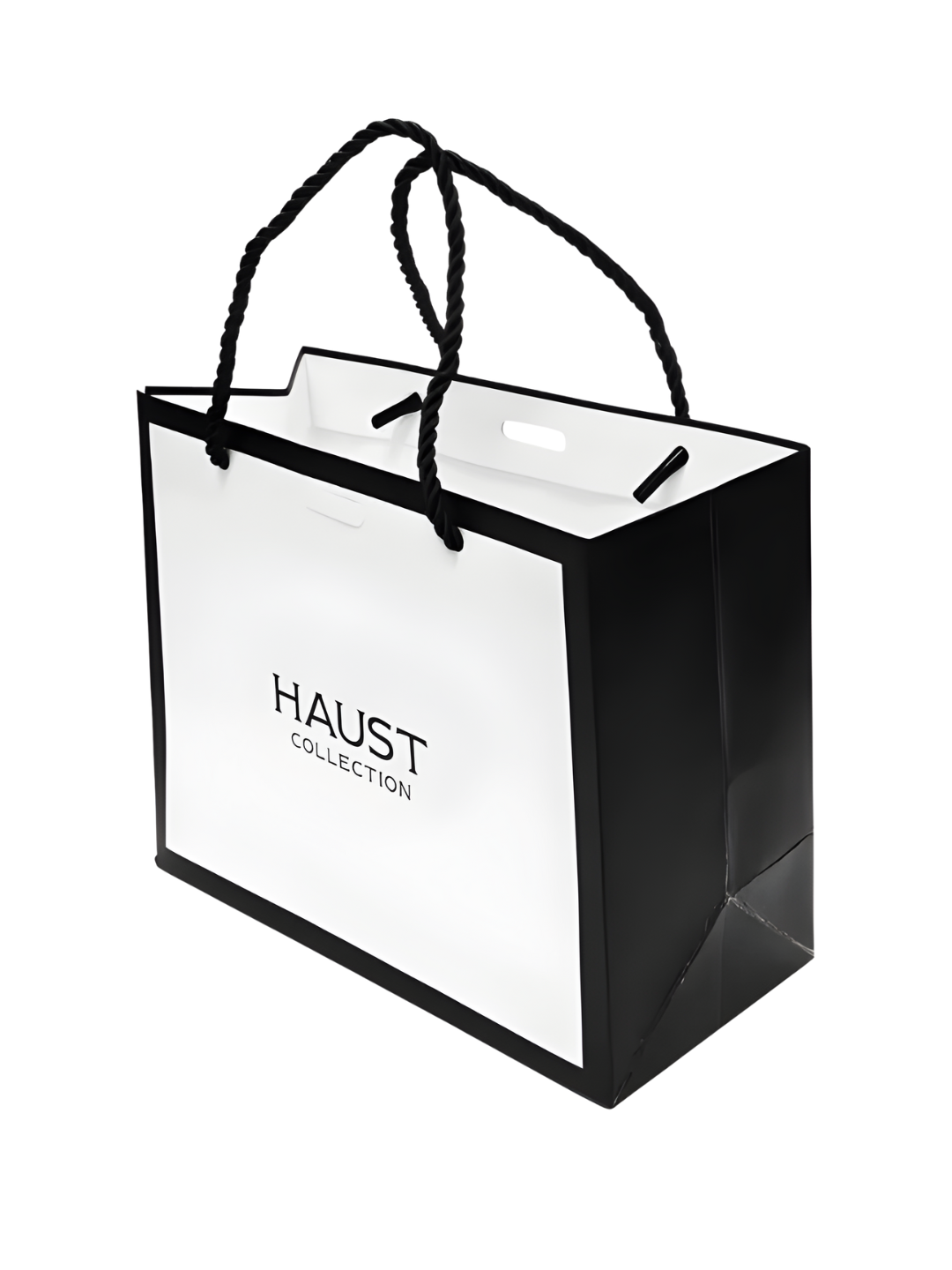 Black and white shopping bag with twisted black handles, labeled 'Haust Collection' on the front.