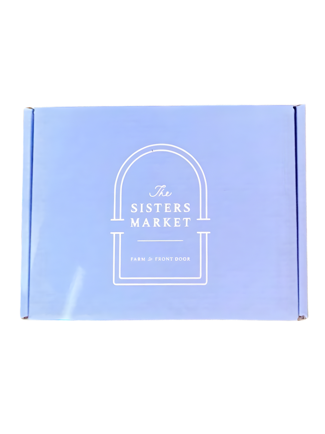 Light blue box labeled 'The Sisters Market' with a white arch and text indicating 'Farm to Front Door'.