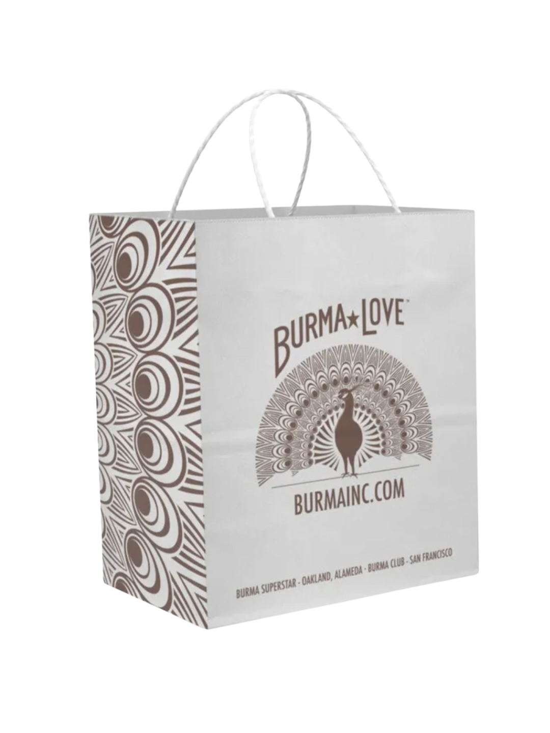 White shopping bag with BurmaLove logo and decorative patterns, featuring text and website URL.