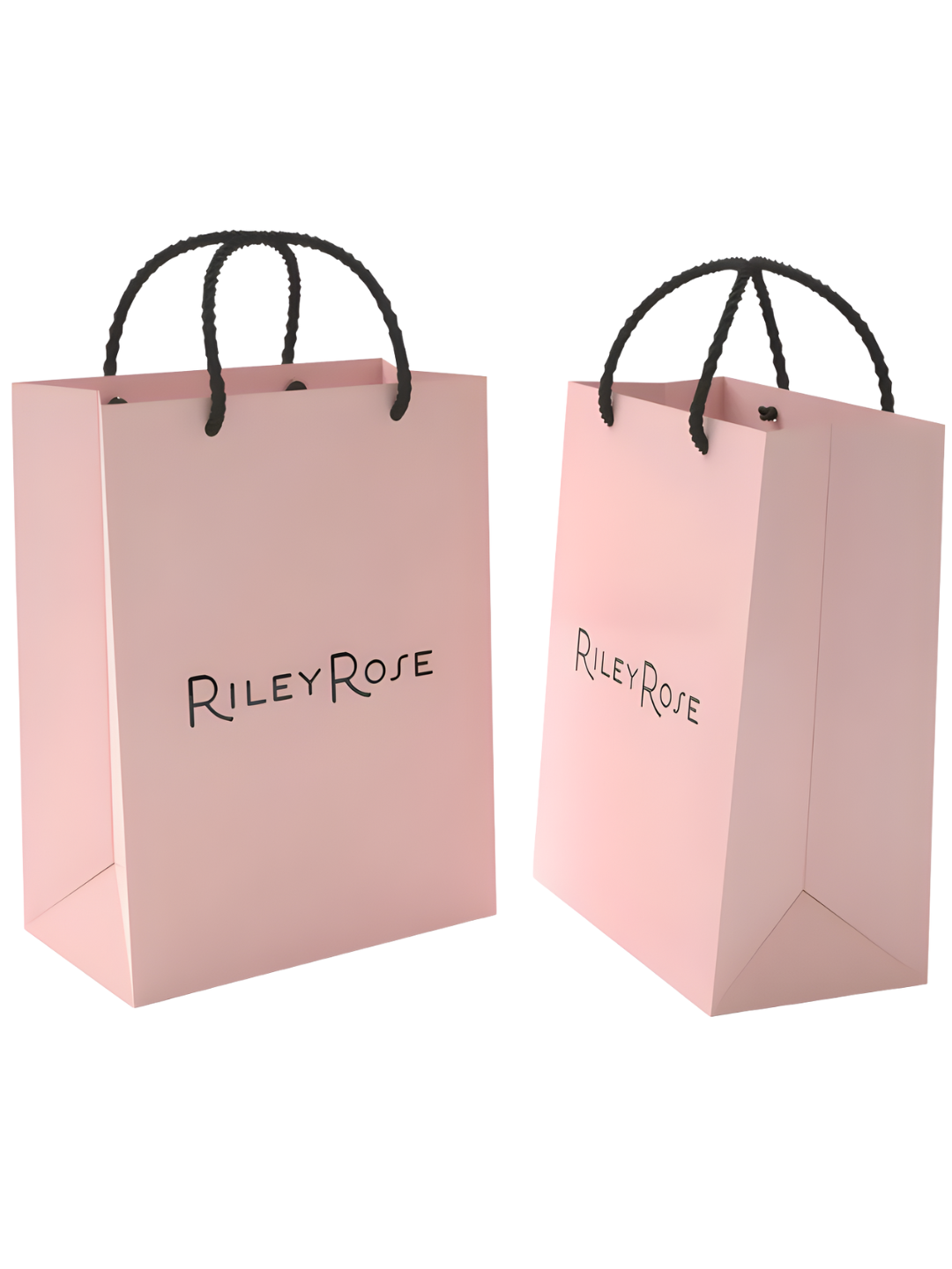 Two pink shopping bags with black handles, one facing forward and the other at an angle, with the text 'Riley Rose' on both bags.