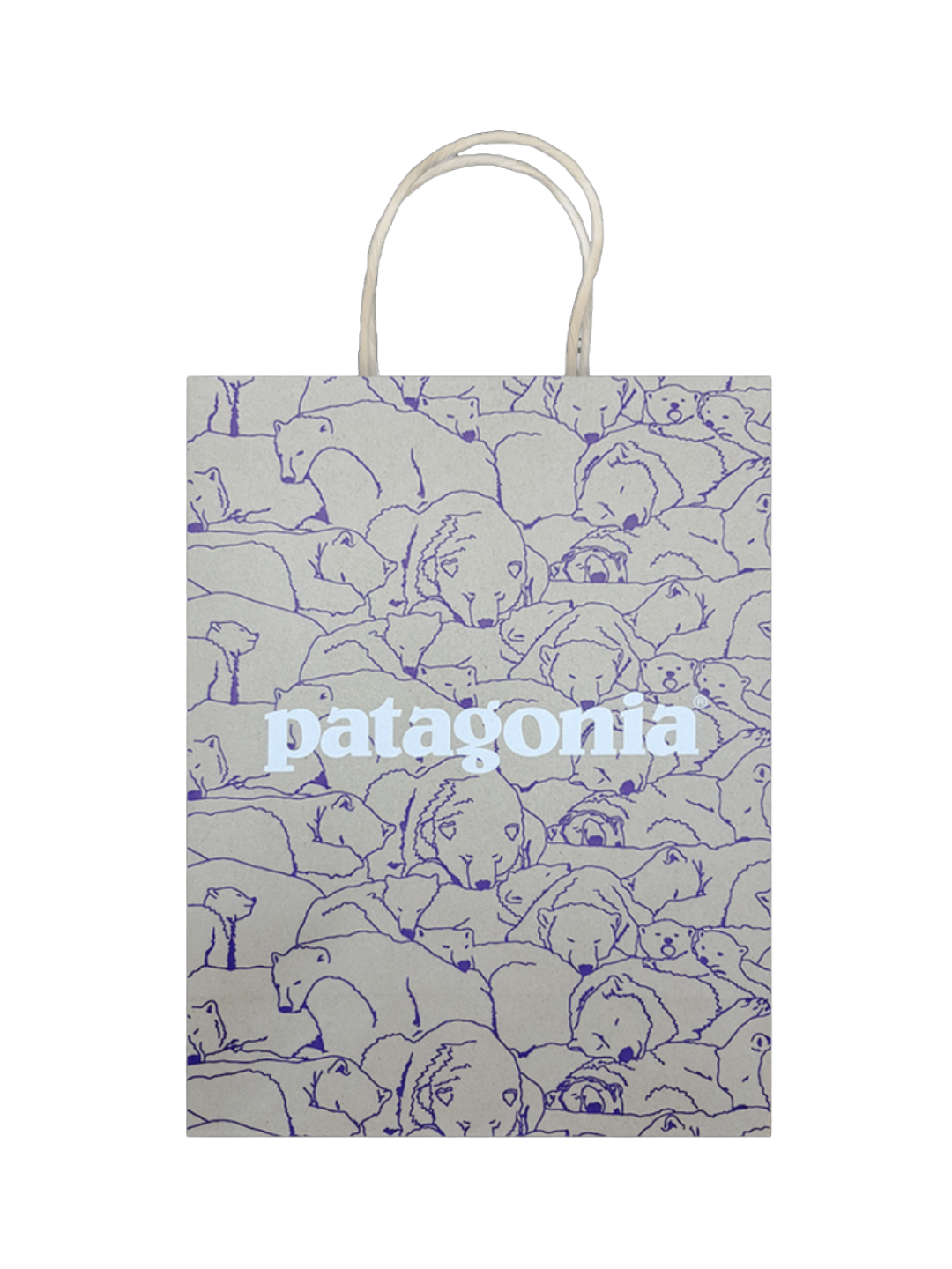 A shopping bag with a pattern of outline sketches of bears and the brand name 'patagonia' printed on the front.