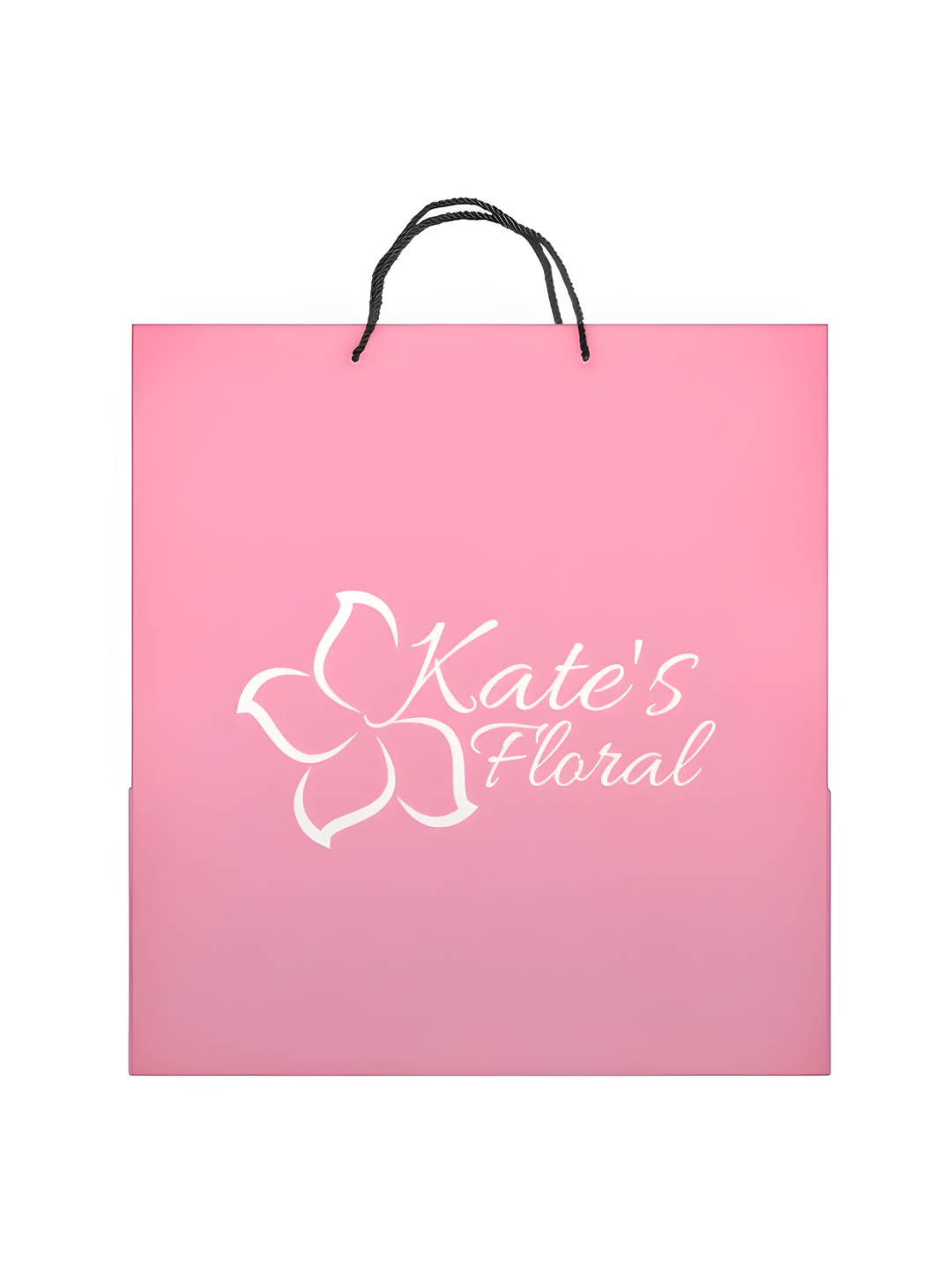Pink floral gift bag with black handles and white flower design, labeled 'Kate's Floral'.