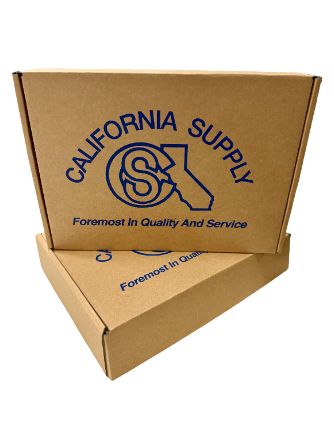 Two cardboard boxes labeled California Supply with a blue logo and text, reading 'Foremost in Quality and Service.'