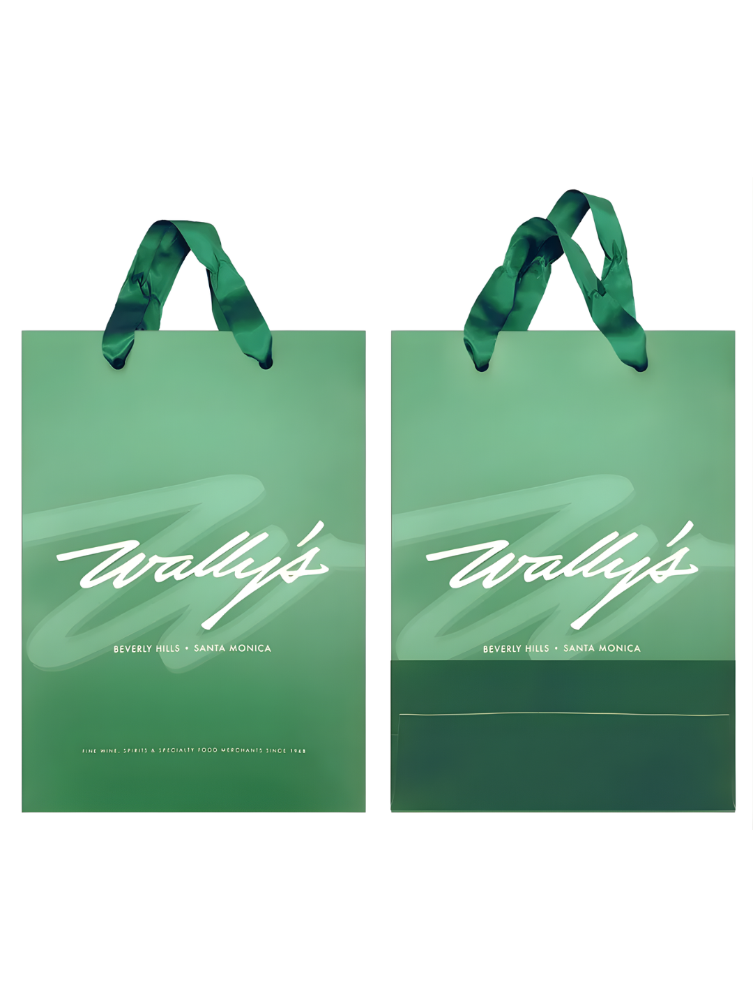 Two green shopping bags with green handles, featuring white script text reading 'Wally's' and smaller text indicating Beverly Hills and Santa Monica, set against a plain white background.