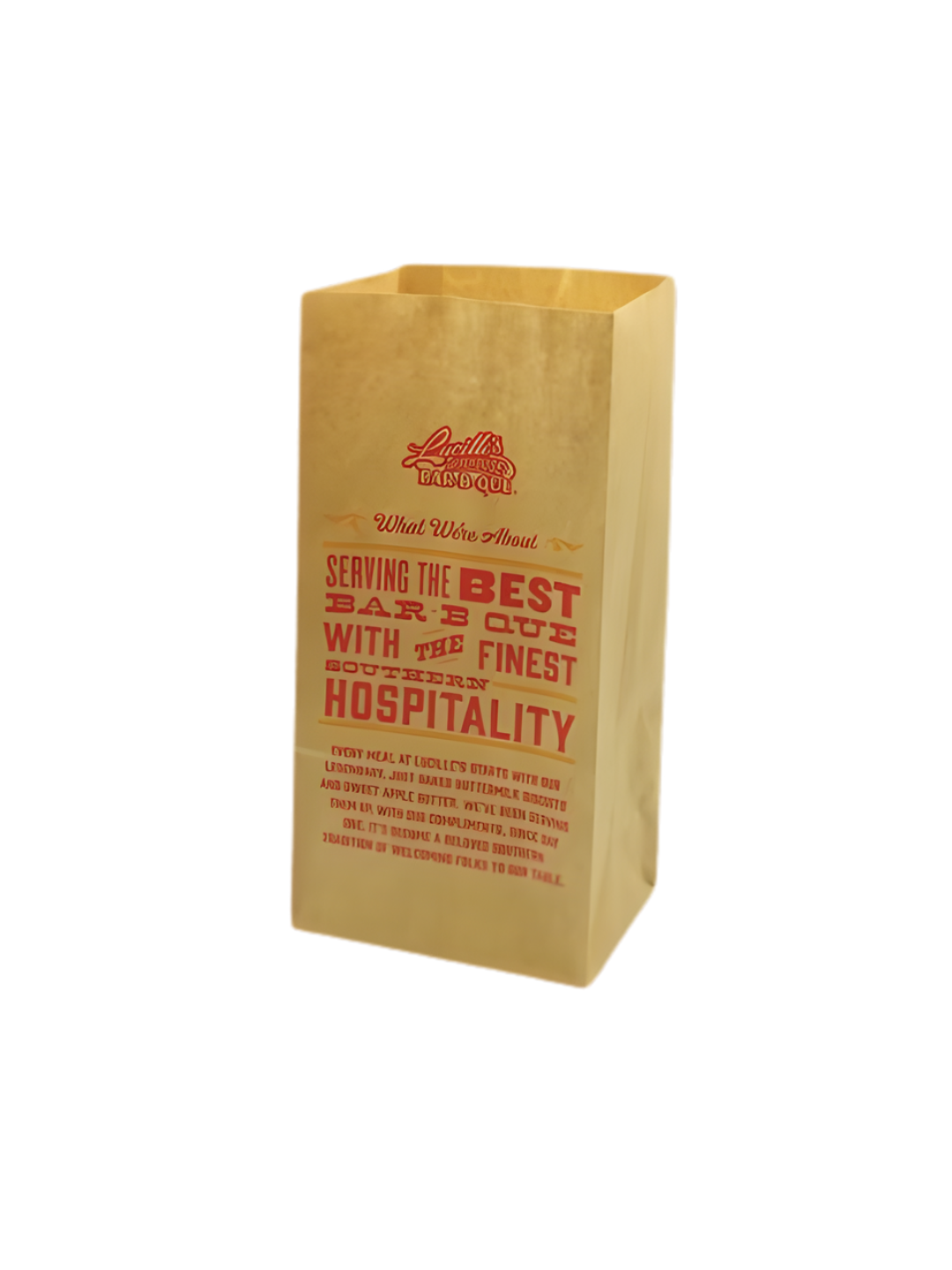 A paper bag with red text promoting hospitality and bar-b-que services.
