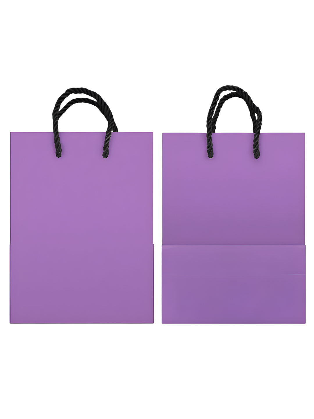 Two purple shopping bags with black twisted handles, one in front of the other, on a white background.