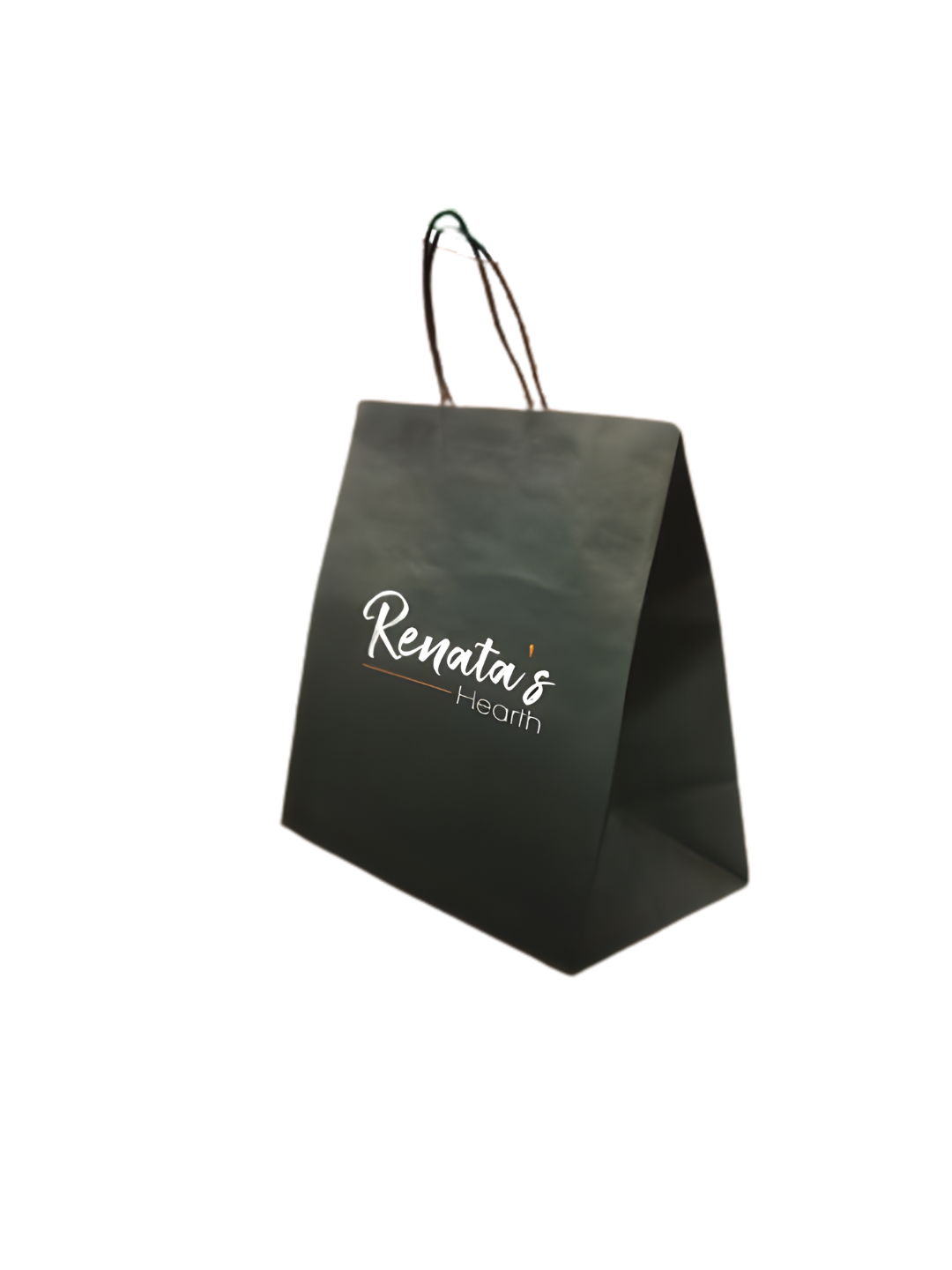 Black shopping bag with white text that reads 'Renata's Hearth' and has twisted paper handles.
