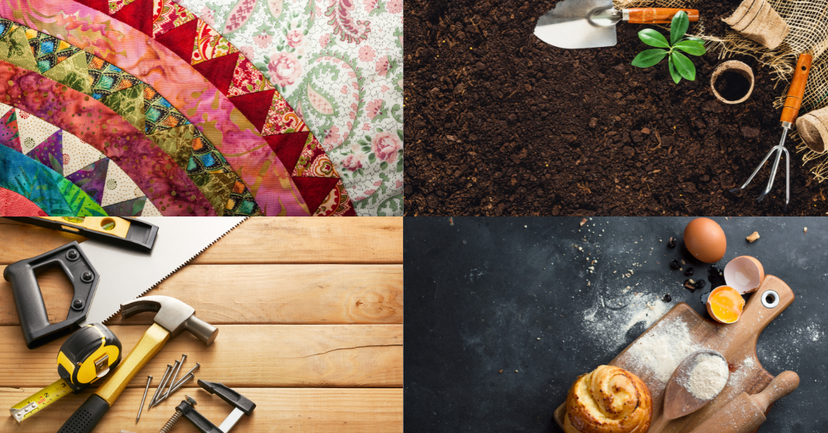 A collage of photos with the top left being a pink circle patterened quilt, top right being dirt with various gardening tools around it. Bottom lect pictures a bunch of common tools including hammer and tape measurer. Bottom right is a messy kitchen.