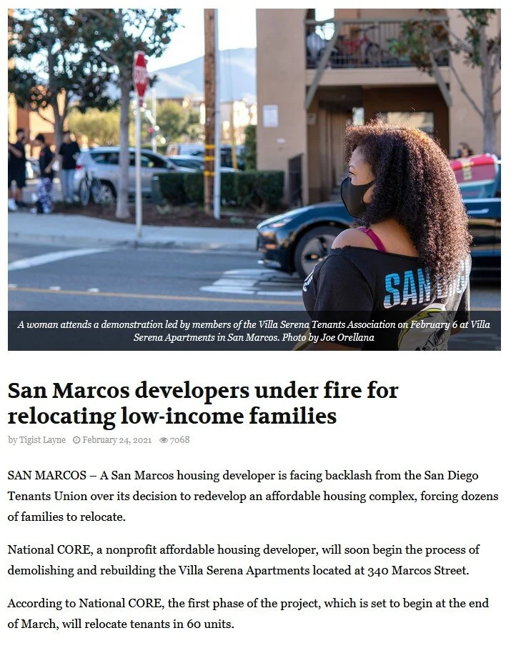 The Coast News used my photos of residents protesting National Core at the Villa Serena Apartments in San Marcos