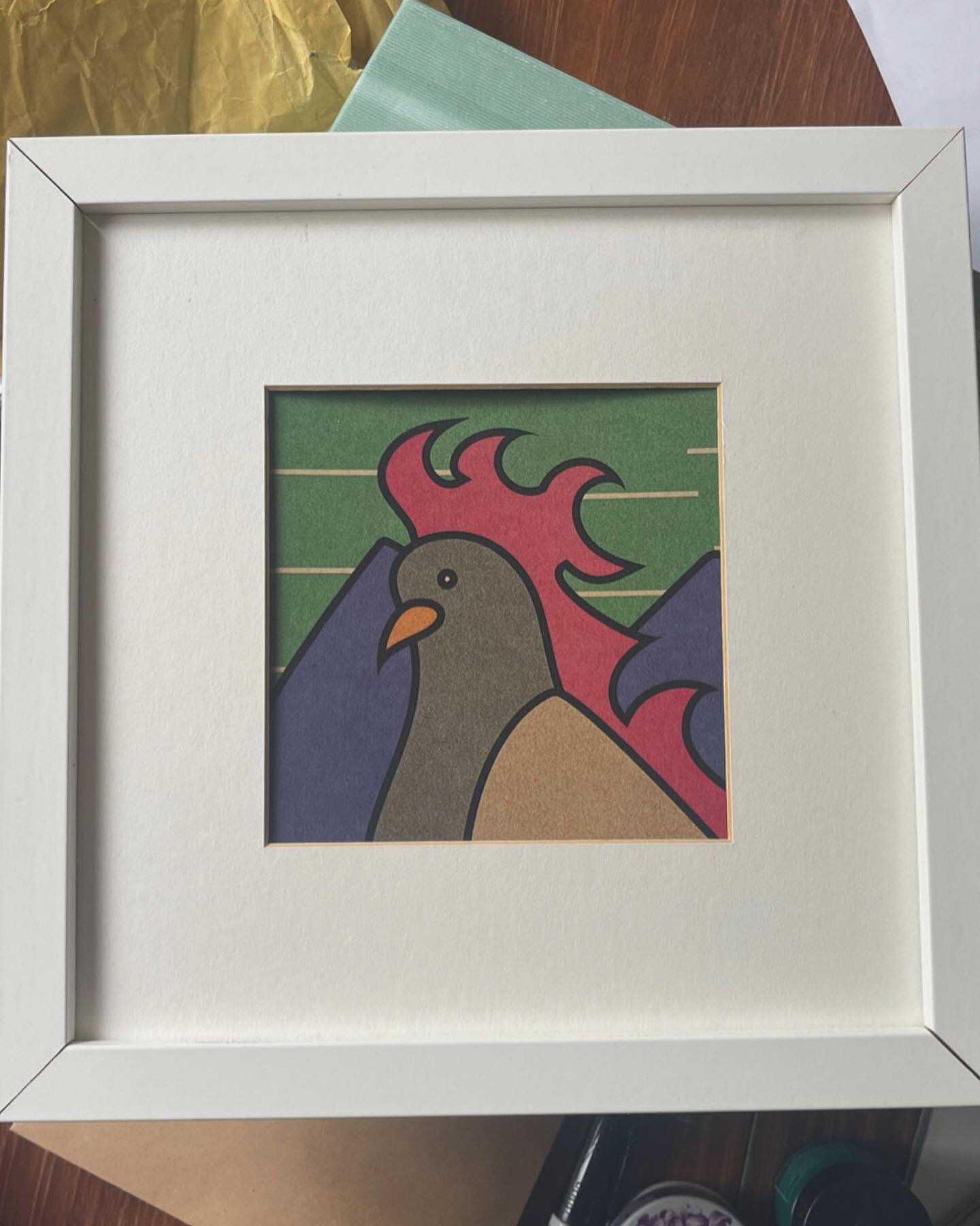 A framed @happyflamingpigeon 🖼️ 🐦 

Second-hand frame. IKEA vintage. Bird on recycled paper. 

DM me for more info. 

Comment with a mountain 🏔️ if you also love ⛰️s