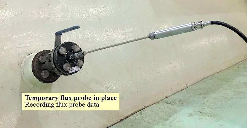 A temporary flux probe installed on a wall used for recording flux probe data.