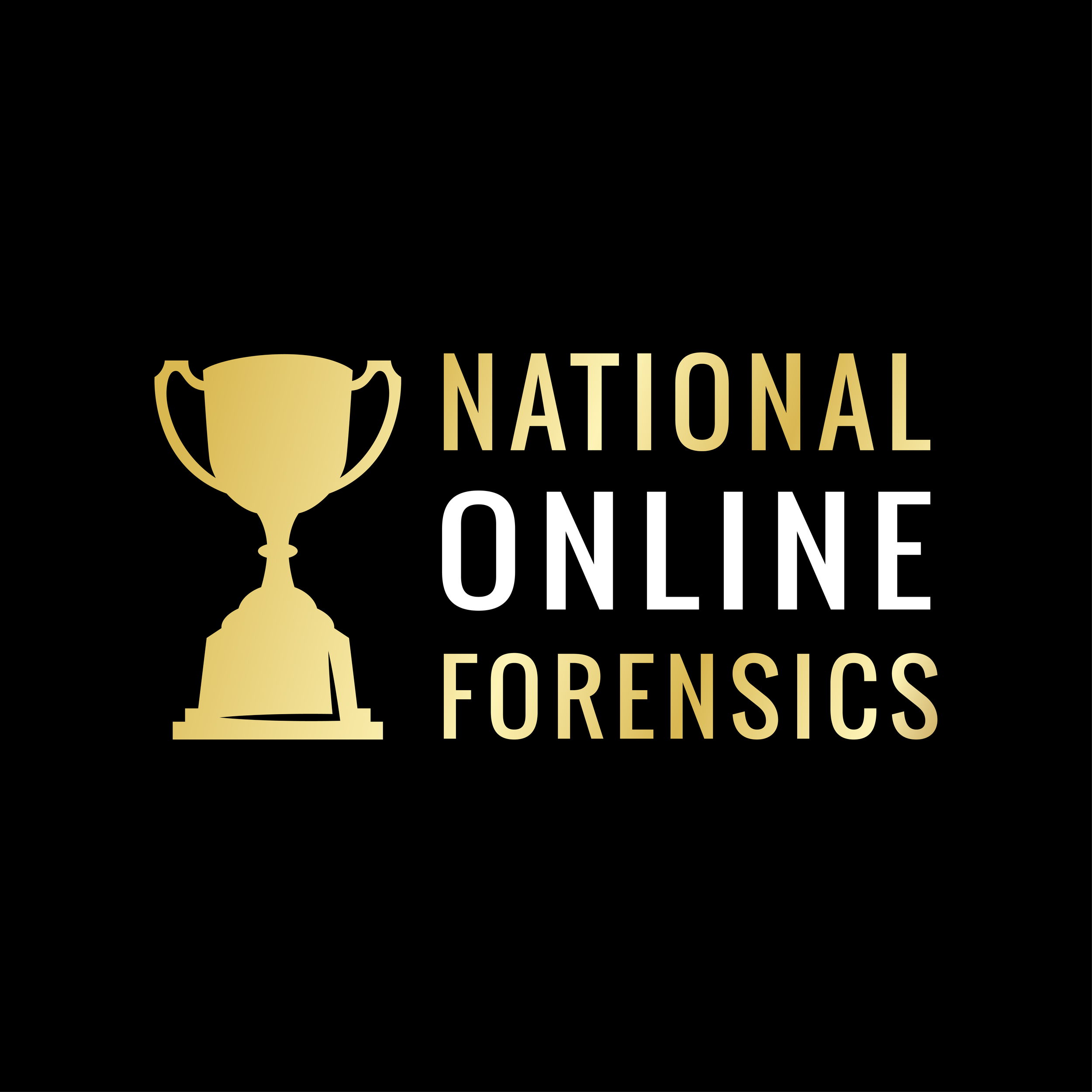Logo for National Online Forensics featuring a gold trophy icon and the words "NATIONAL ONLINE FORENSICS" on a black background.