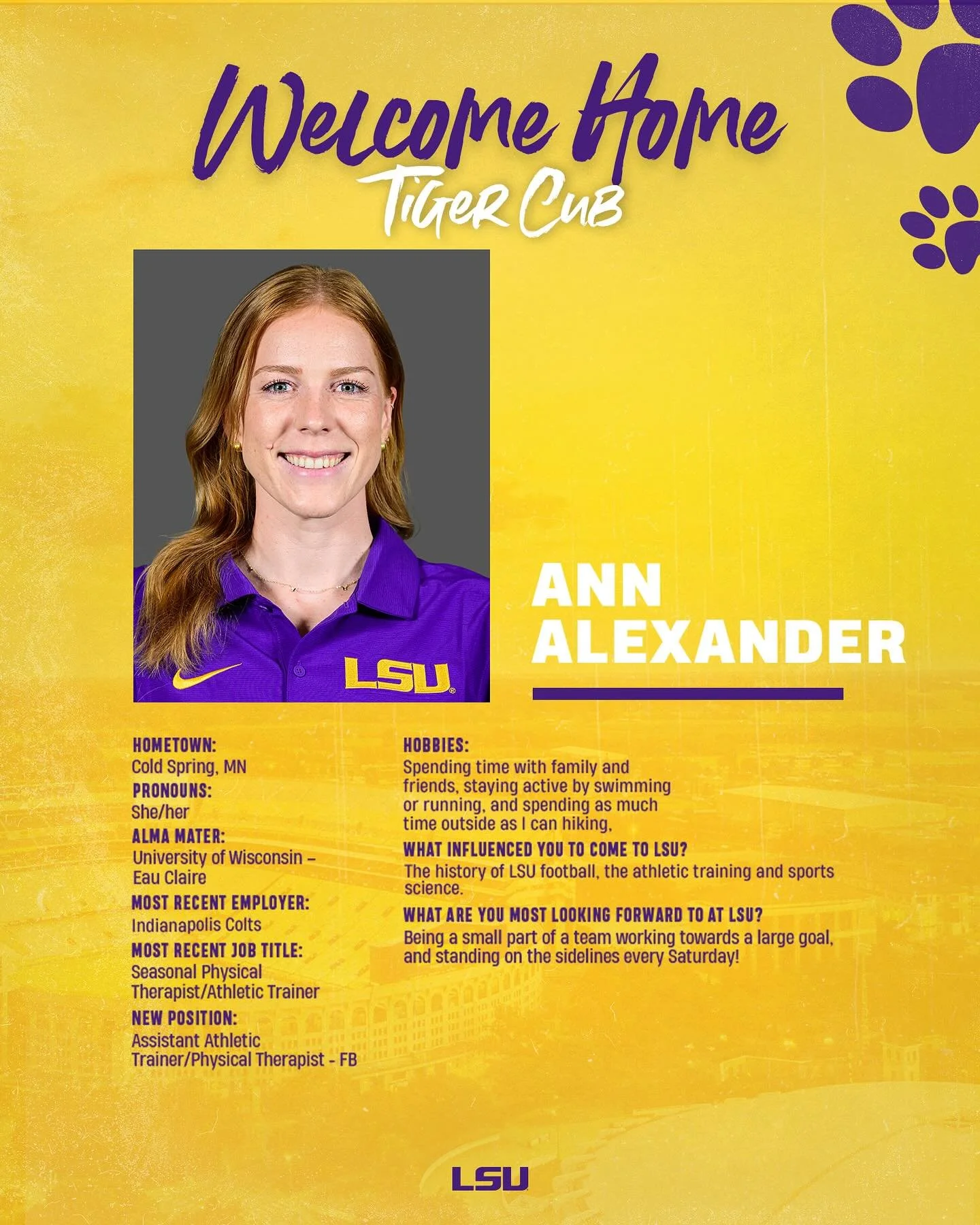 Welcome Home Tiger Cub Ann Alexander! LSU Sports Medicine is Expanding its Medical Muscle! 💪🏼💛💜⚕️