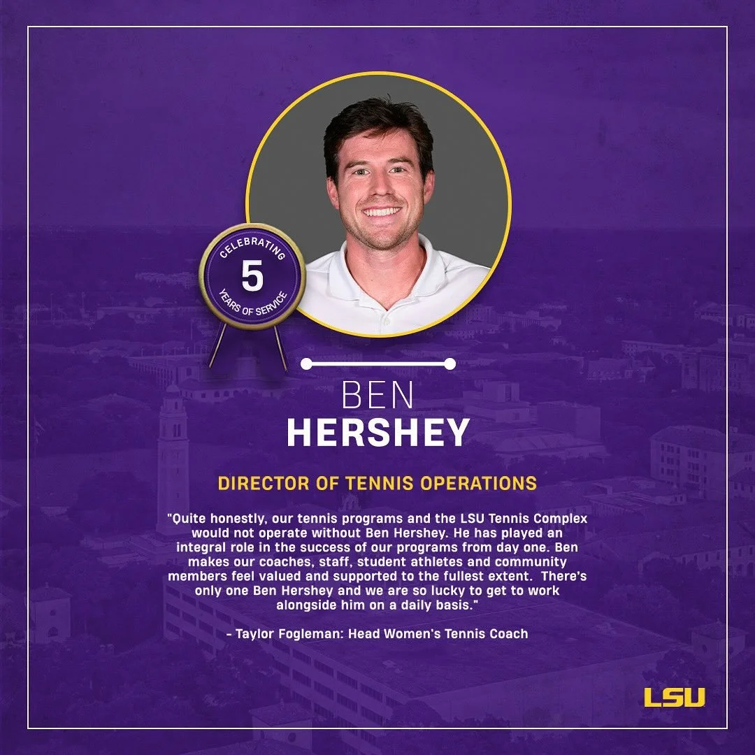 Celebrating 5 years of distinguished service to LSU Athletics for Ben Hershey! 💜💛🎾