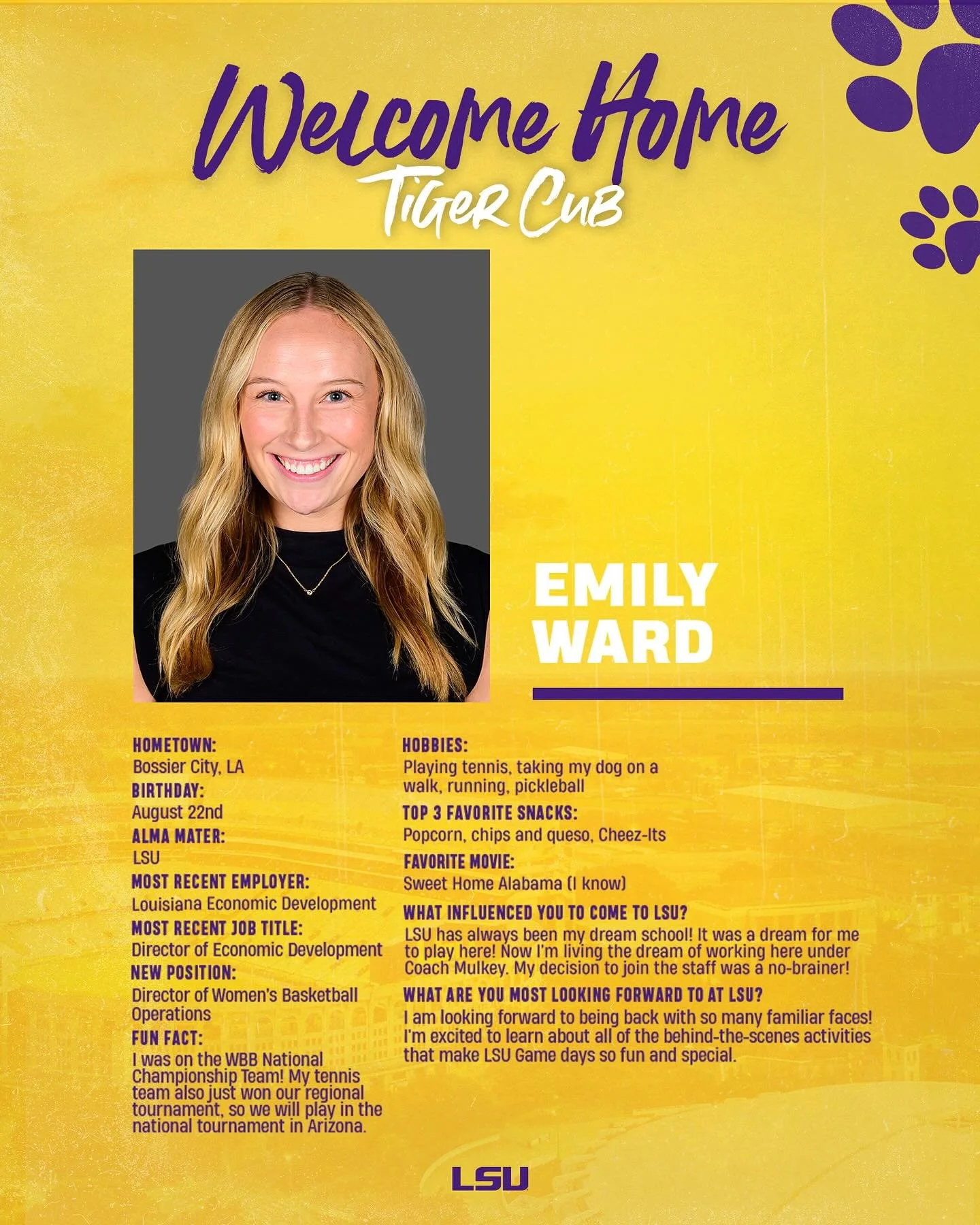 Welcome Back Tiger Cub Emily Ward! The Changing of the Guard 💛💜🏀