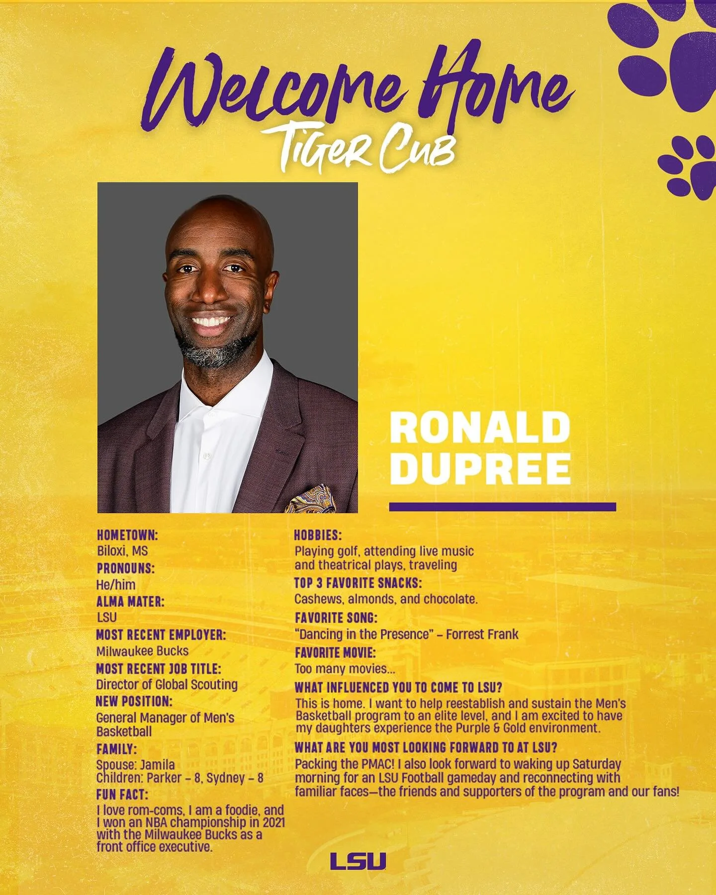 Welcome Back Tiger Cub Ronald Dupree! Bringing it Back to the PMAC! 💛💜