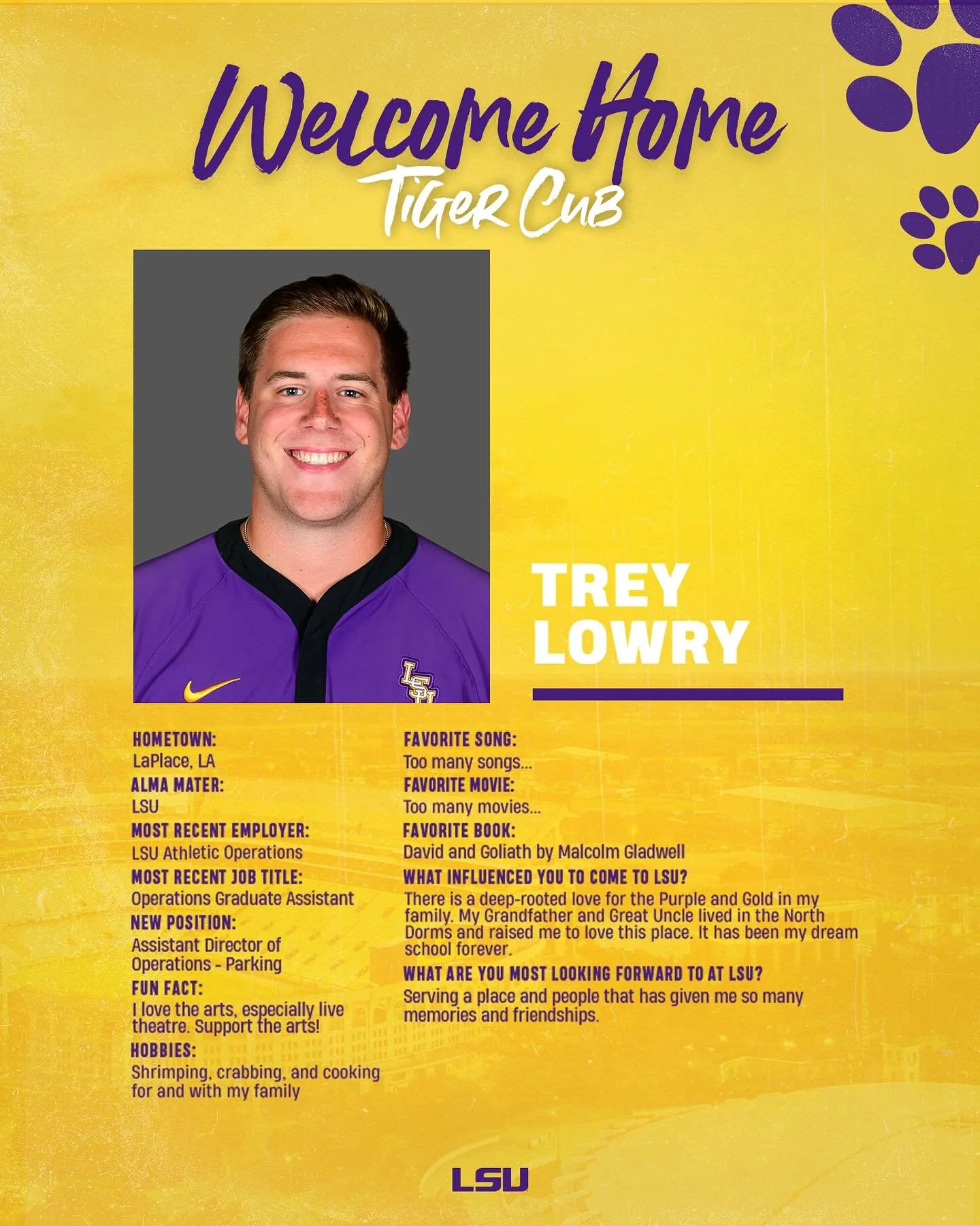 Welcome Home Tiger Cub Trey Lowry! It&rsquo;s your time to shine!💜💛