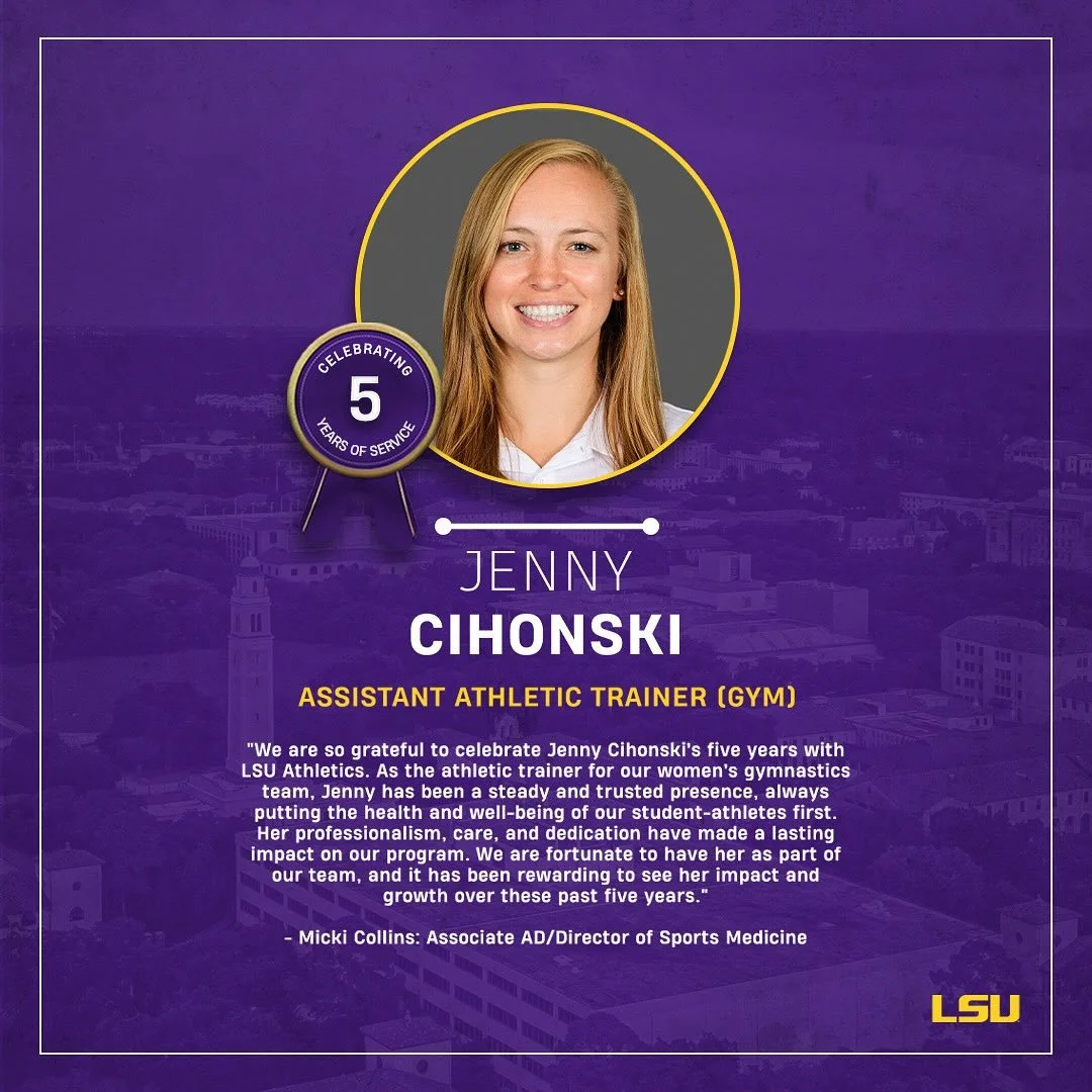 Congrats to Jenny Cihonski as she reached her 5-year milestone with LSU Athletics 💛💜 5-years in and got herself a Natty! 🤸