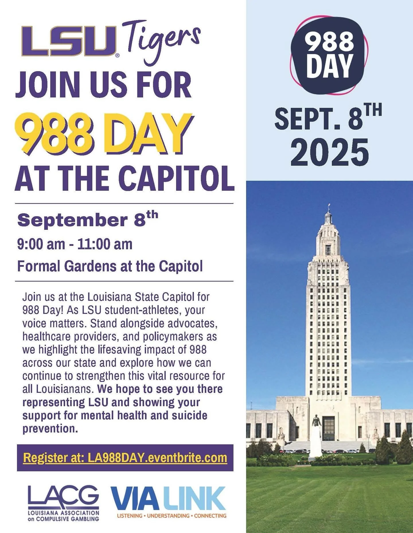 Come meet us down at the Louisiana capital for 988 Day on September 8, 2025! Show your stripes for mental health and Suicide Prevention 💚