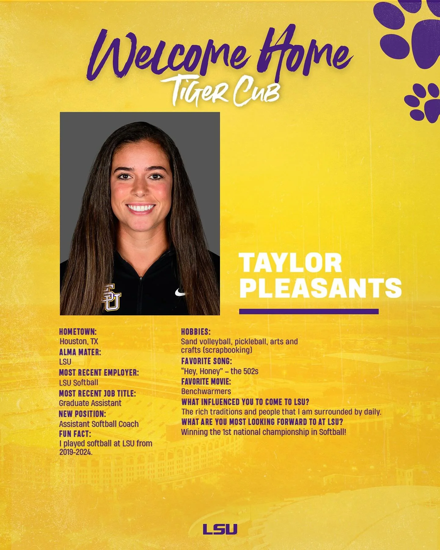 Welcome to our newest coach to LSU Softball, Taylor Pleasants! She&rsquo;s HOMERUN hire! 💜💛🥎