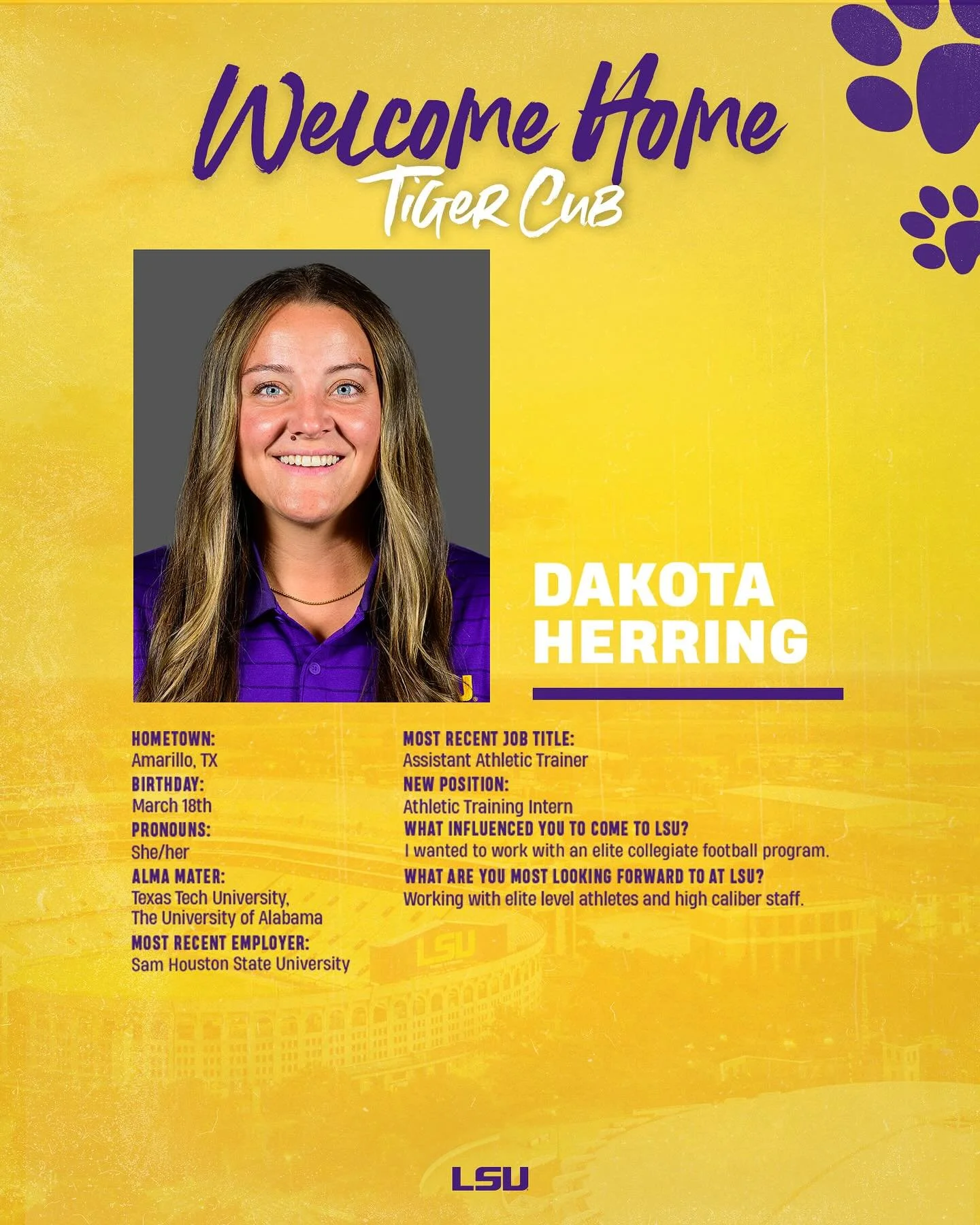 LSU Athletics welcomes Dakota Herring to the Sports Medicine Team! Your Saturday nights in Tiger Stadium just got better! 💛💜🏈🩺