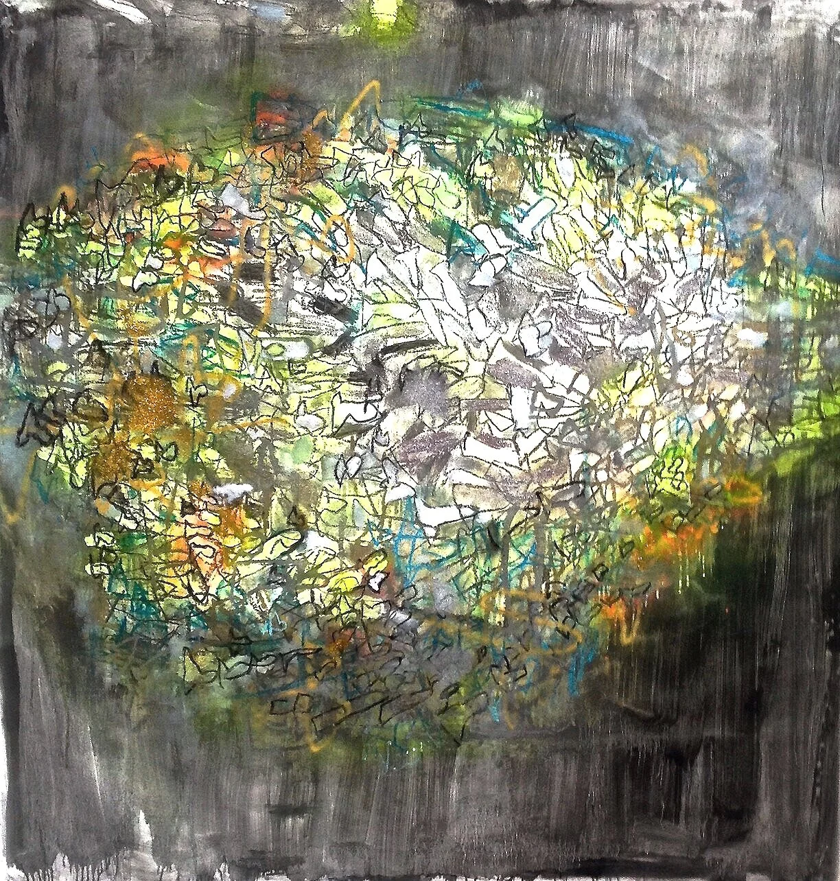 "Fukushima Little Fish Scatter", Oil, Glitter, Pen on Paper, 124CmX150Cm, 57"X59".