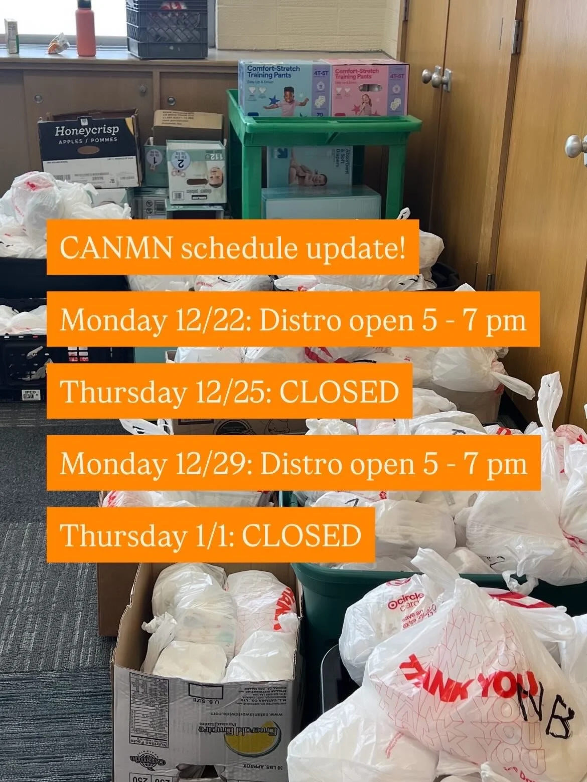 Heads up &mdash; we have a slightly different schedule the next two weeks! Join us for grocery and diaper distribution at 5 - 7 pm on Monday 12/22 and Monday 12/29. We will be CLOSED on Christmas Day and New Years Day.