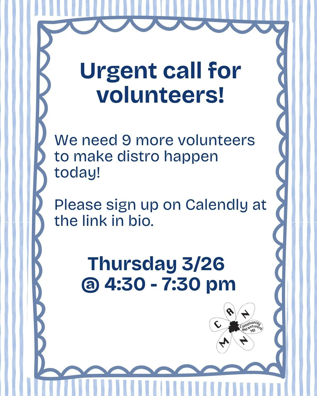 Urgent call for volunteers today! We need 9 more folks to help us distribute groceries, diapers, and household supplies at 4:30 - 7:30 pm today at our site. Please sign up on Calendly at the link in bio!