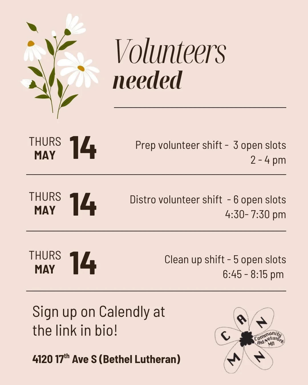 We need lots of help on Thursday and Saturday this week! CANMN continues to supply hundreds of families with groceries, diapers and toiletries each week &mdash; it takes a lot of hands to get orders out the door! Please sign up for volunteer shifts o