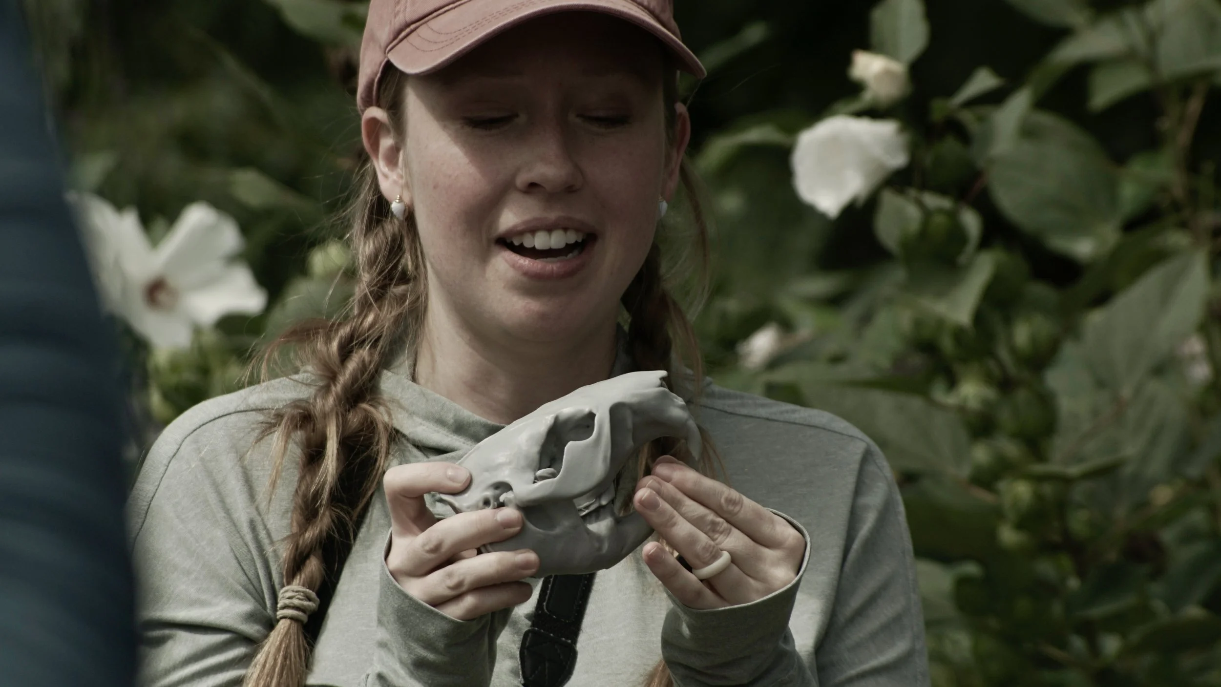 Sammi Clark, beaver scientist, showing us a beaver skull as she explains the role of beavers in our ecosystem here. 