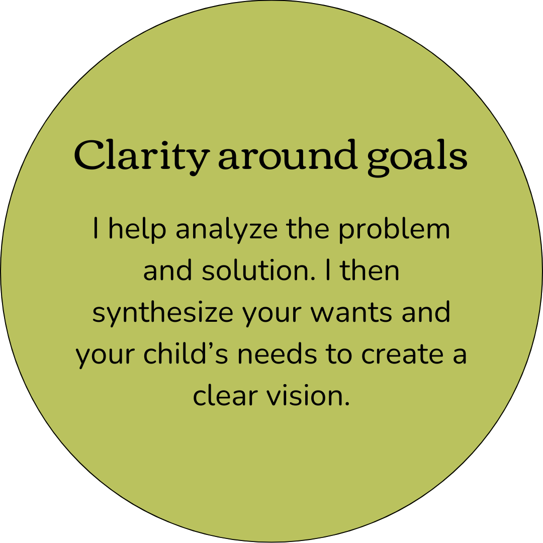 Clarity around goals. I help analyze the problem and solution. I then synthesize your wants and your child's needs to create a clear vision.