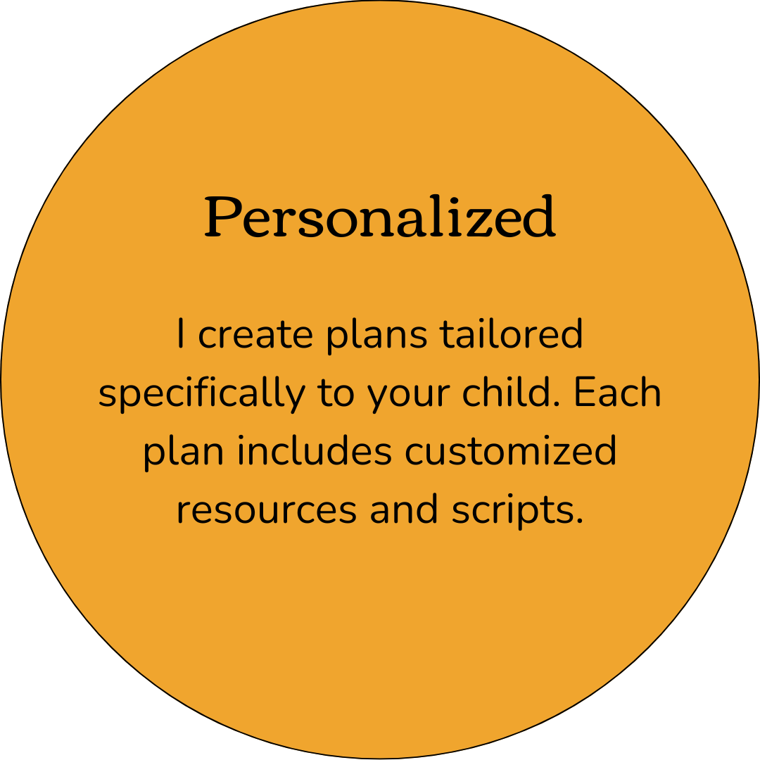 Personalized. I create plans tailored specifically to your child. Each plan includes customized resources and scripts.