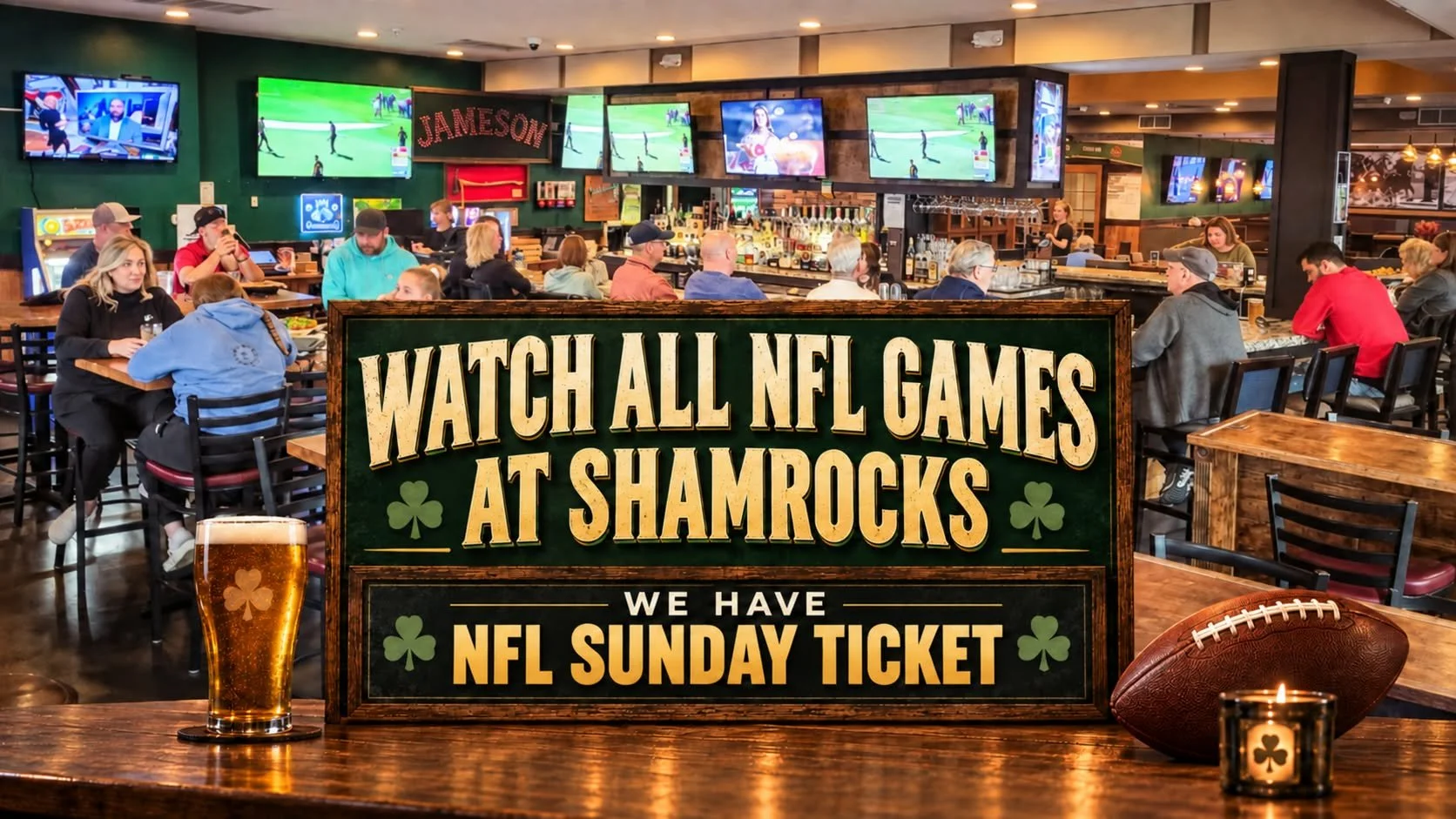 A lively sports bar with multiple televisions showing NFL games, patrons seated at tables and the bar, and a sign promoting watching all NFL games at Shamrocks with NFL Sunday tickets, featuring the Shamrocks logo and decor.