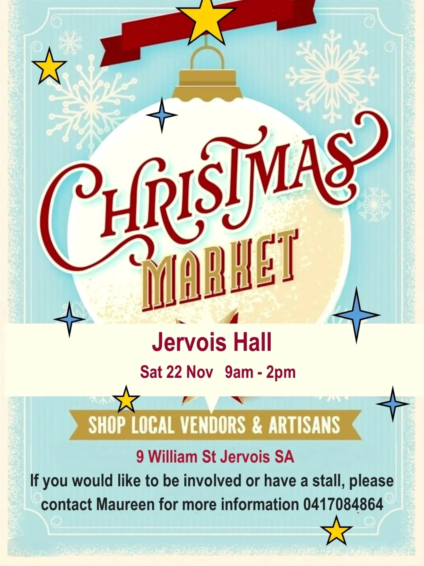 Are you looking for unique, hand crafted gifts for Christmas giving this year? 
Join us at the Jervois Town Hall Sat 22 Nov 9 - 2
.
If you would like to join in the fun and have your own inside or outside site, please contact Maureen.
.
See you there