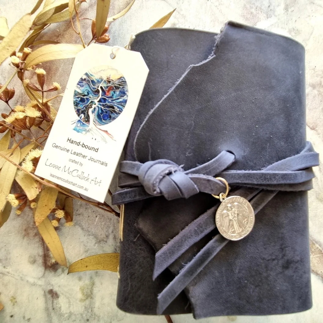 A6 Indigo Foldover Leather Journal - sand stitch