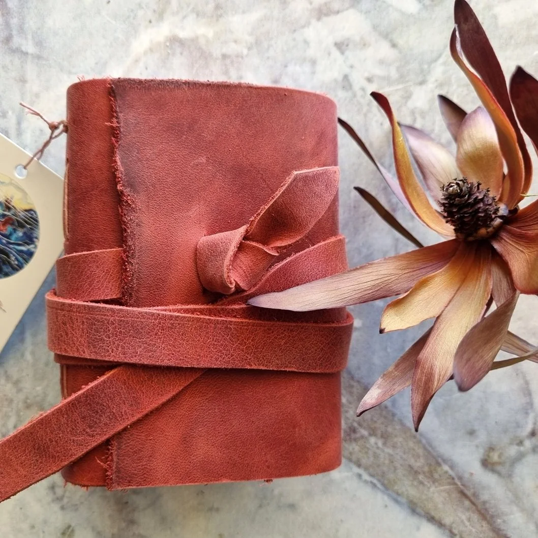 Mini Claret Leather Foldover Front Journal - dusky pink stitch