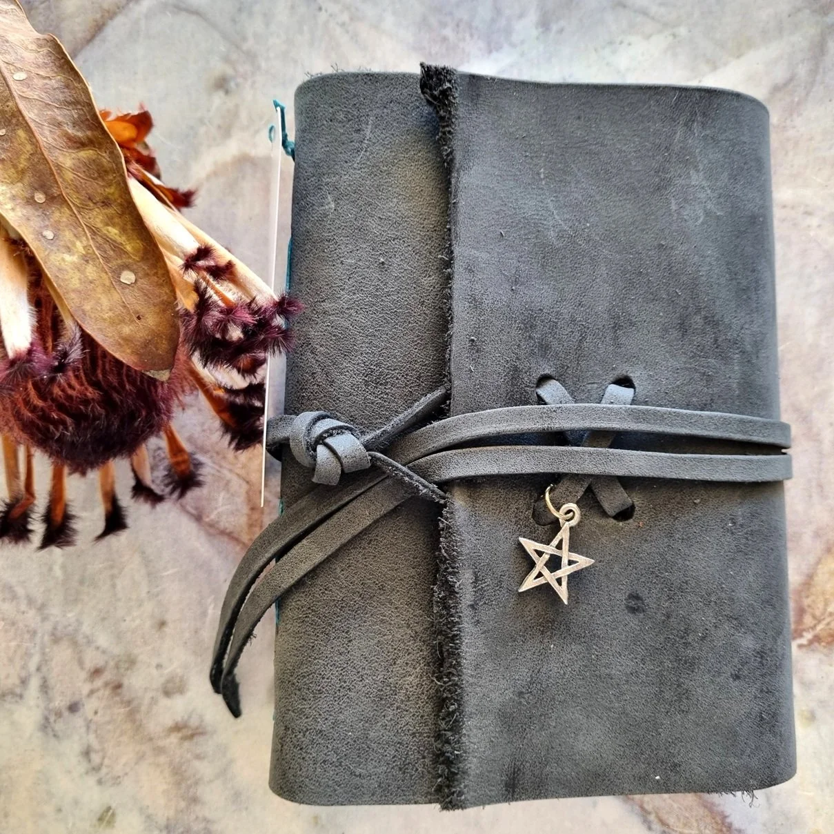 A6 Charcoal Foldover Leather Journal - blue stitch