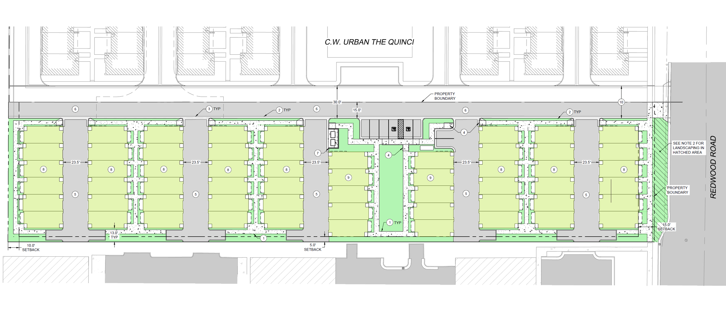 Site plan showing 10 buildings and additional site amenites