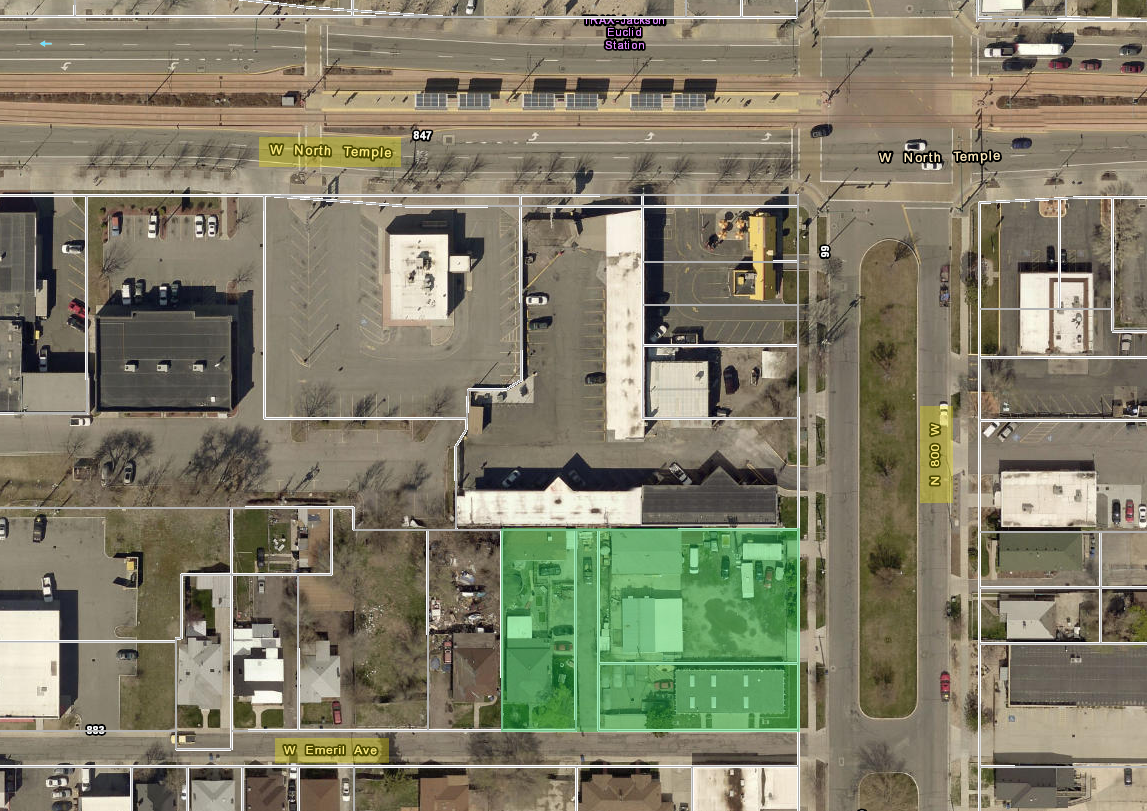 Map of parcels along 800 West and Emeril Avenue (green), in the North Temple neighborhood