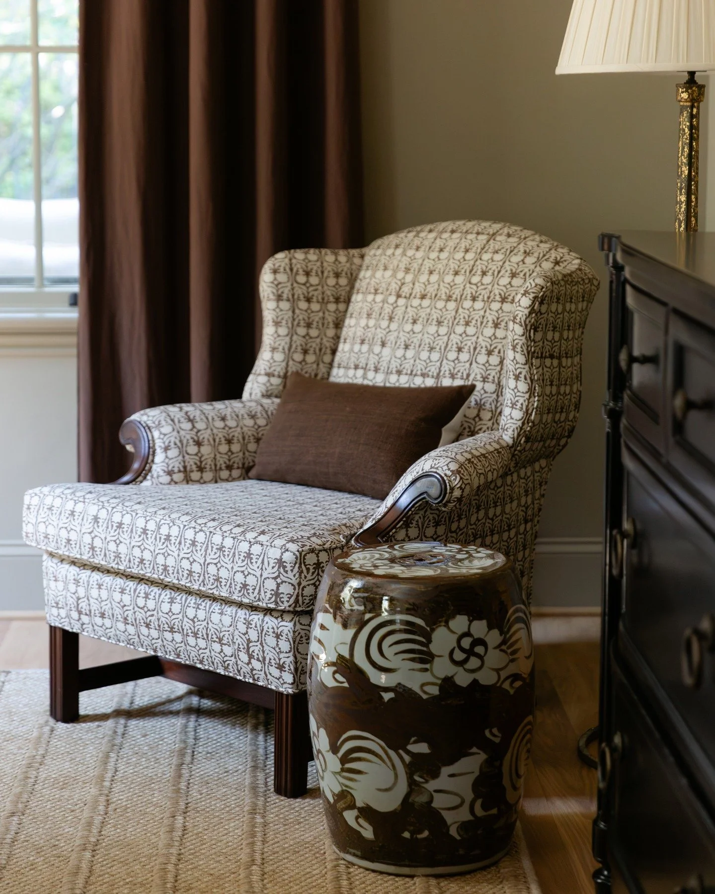 A grandmother's chair recovered in @penny_morrison_ltd chocolatey goodness.